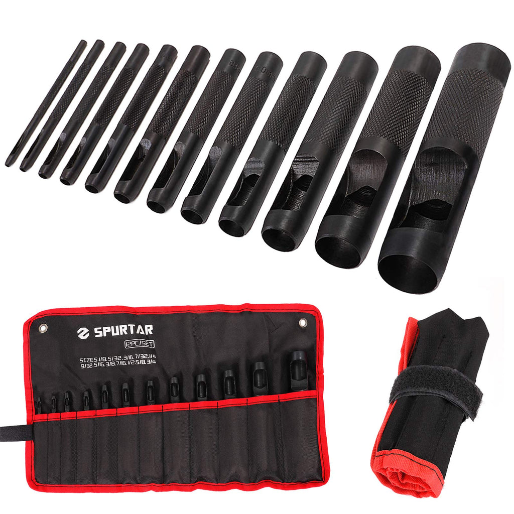 Spurtar Hollow Punch Set 12 Pieces 1/8"- 3/4"(3-19mm) Heavy Duty Carbon Steel Round Leather Hole Tool Leather Punch Set Kit for Watch Cloth Belt Gaskets with Storage Bag (Black)