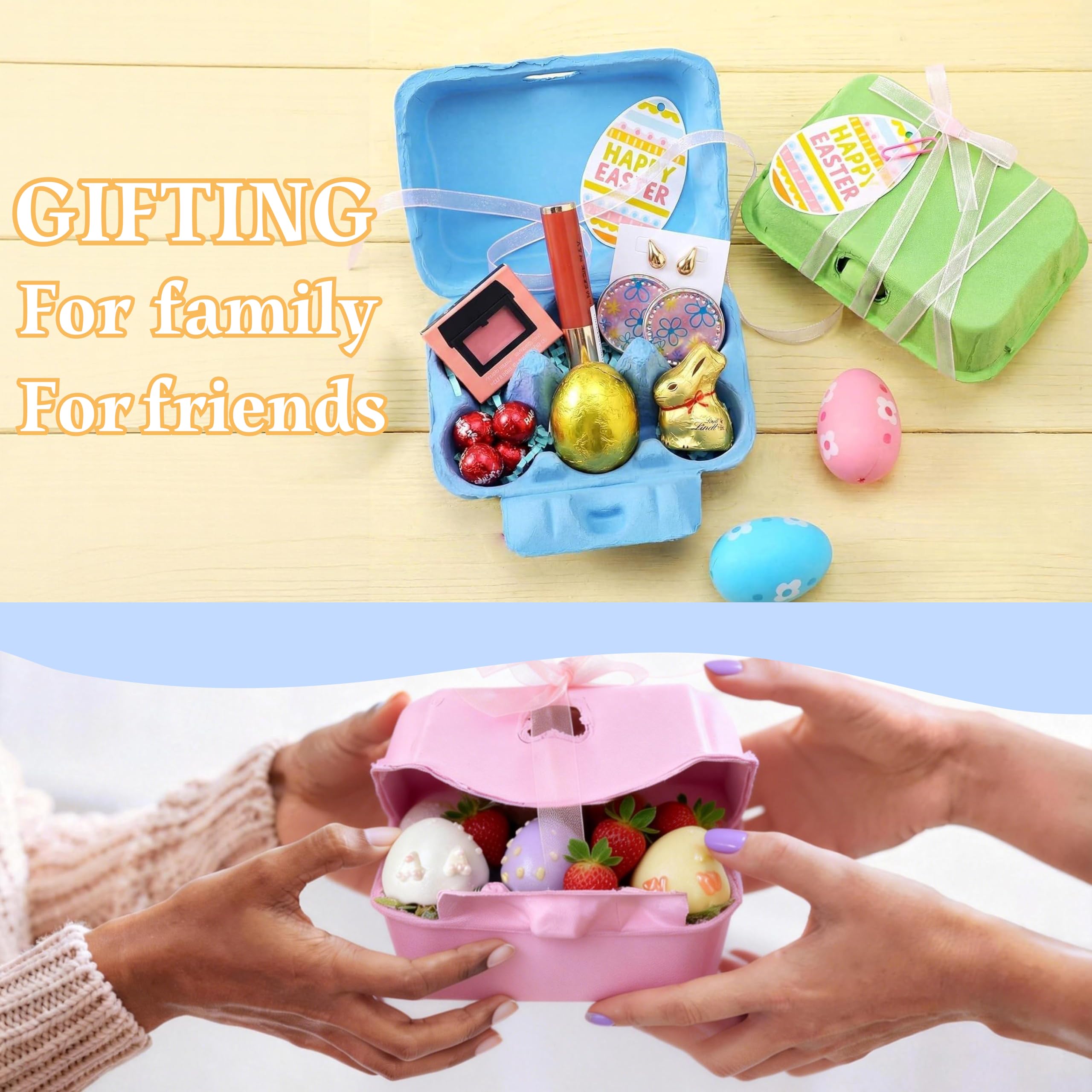 24 Pack Colored Egg Cartons, Half Dozen Pulp Egg Holders for Easter, Reusable Egg Baskets with Labels for Farm, Holds up to 6 Eggs Carton Containers for Easter Decoration, Gifts, Crafts