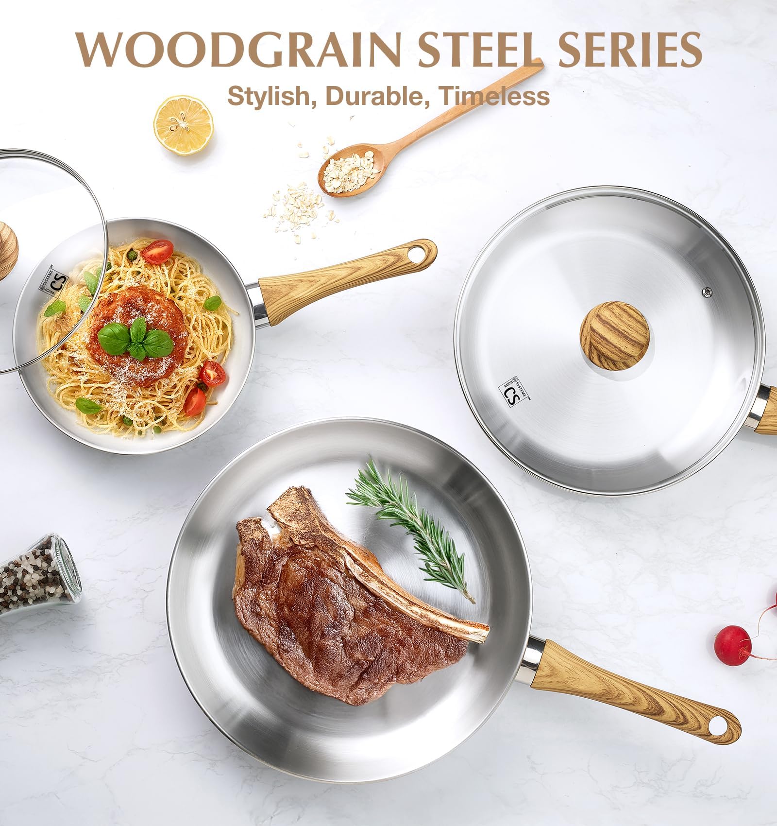 KOCH SYSTEME CS Stainless Steel Pan 10 Inch, Stainless Steel Frying Pan with Lid, 26cm Skillet with Heat-Resistant Bakelite Handle, Tri-ply Bottom, Induction Compatible, Dishwasher Safe