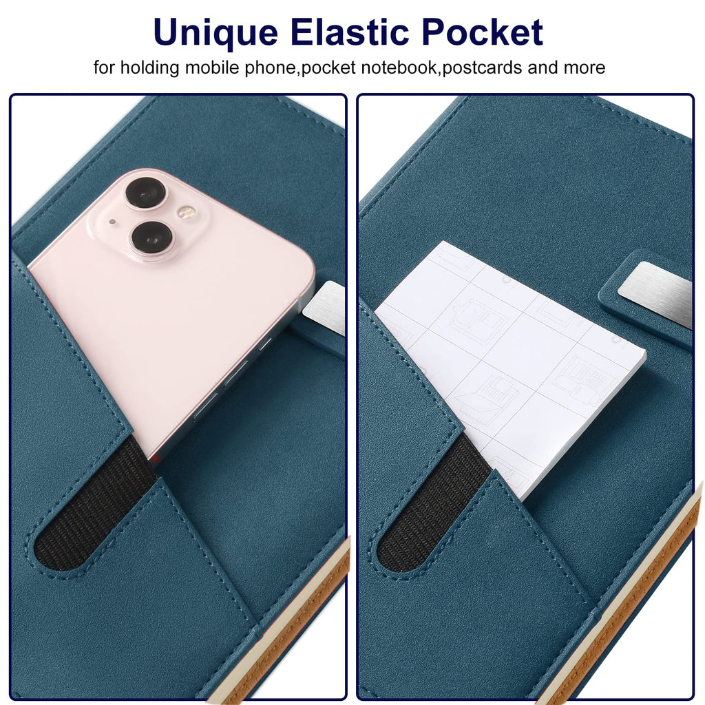 A5 Lined Leather Journal with Pen, 240 Pages Refillable Hardcover Notebook with Pocket and Magnetic Buckle, 80gsm Thick Daily Diary for Men and Women, Great Gift for Business School Travel Personal - Navy Blue