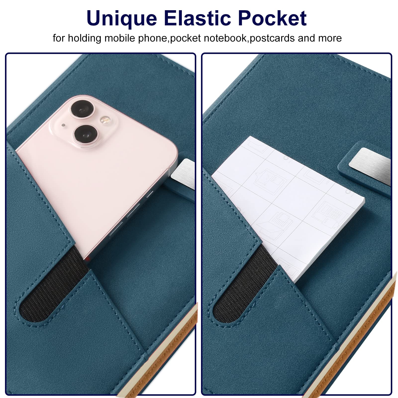 A5 Lined Leather Journal with Pen, 240 Pages Refillable Hardcover Notebook with Pocket and Magnetic Buckle, 80gsm Thick Daily Diary for Men and Women, Great Gift for Business School Travel Personal - Navy Blue