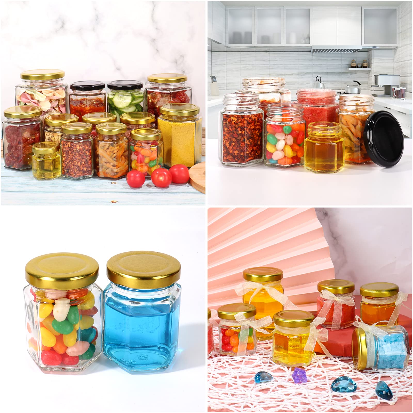 BIGIVACA 30 Pack 3 oz (90 ml) Hexagon Glass Jars with Gold Lids – Clear Mini Mason Jars for Canning, Honey, Jams, Herbs, Wedding Favors, Crafts – Includes 1 Pen + 80 Labels