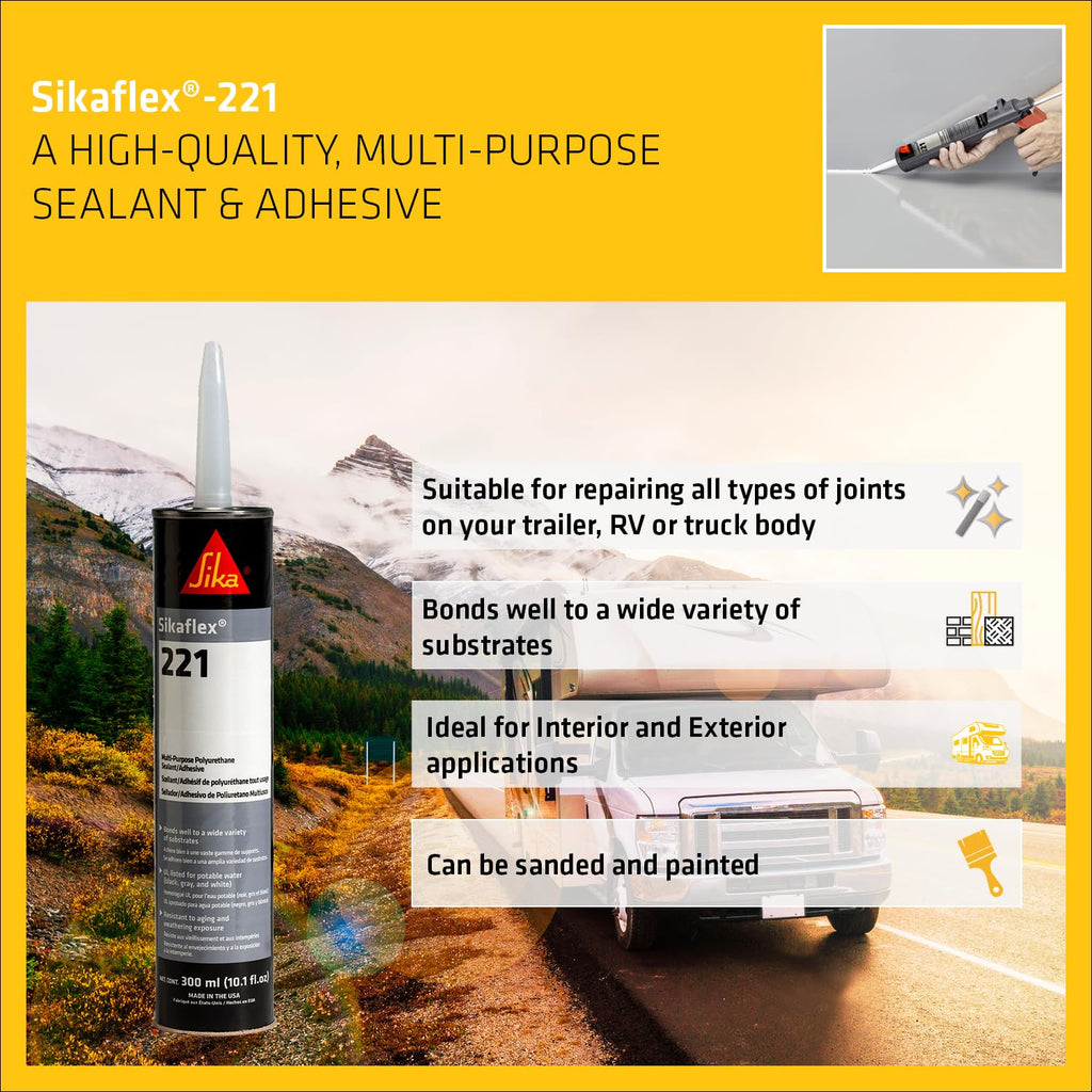 SIKA - Multi-Purpose sealant and Adhesive - Sikaflex-221 - Black - Ideal for RV and Motorhome Repair - Permanent - Weather Resistant - Paintable - 300 mL