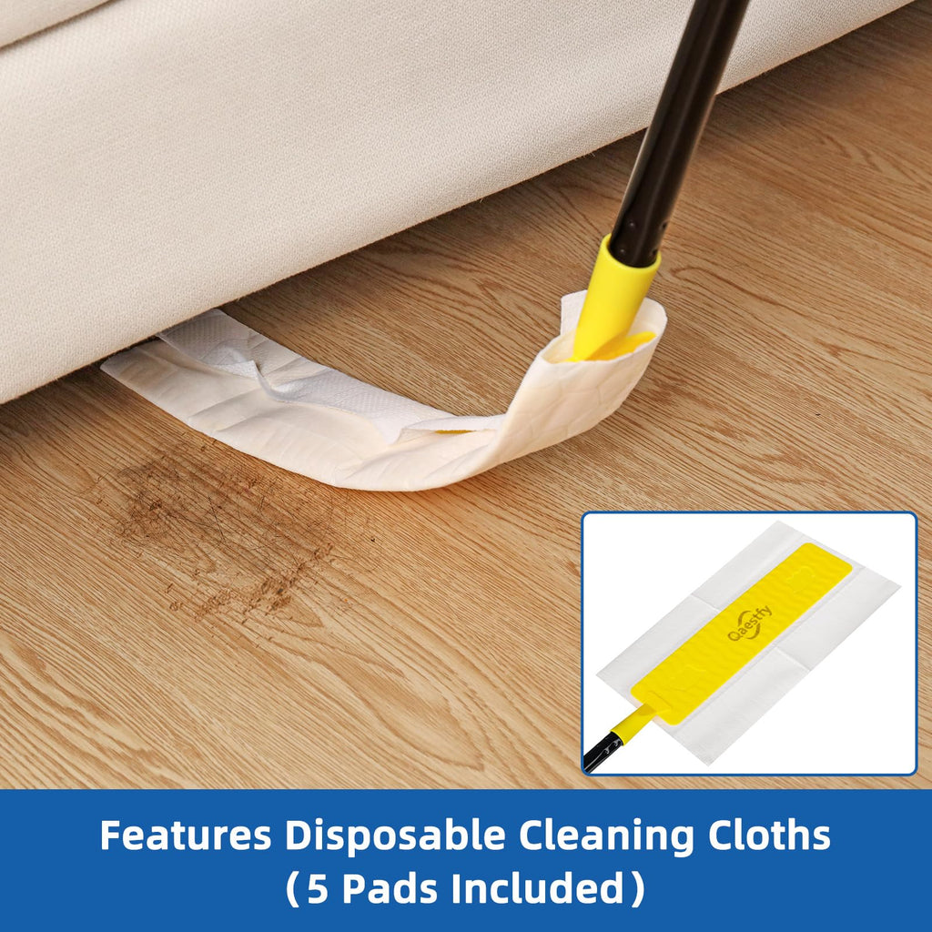 Qaestfy Under Appliance Cleaning Tool with Long Handle, 2 Reusable Microfiber Pads, 5 Disposable Dusting Cloths, Retractable Flat Gap Duster for Behind Fridge, Washer, Bed, Furniture
