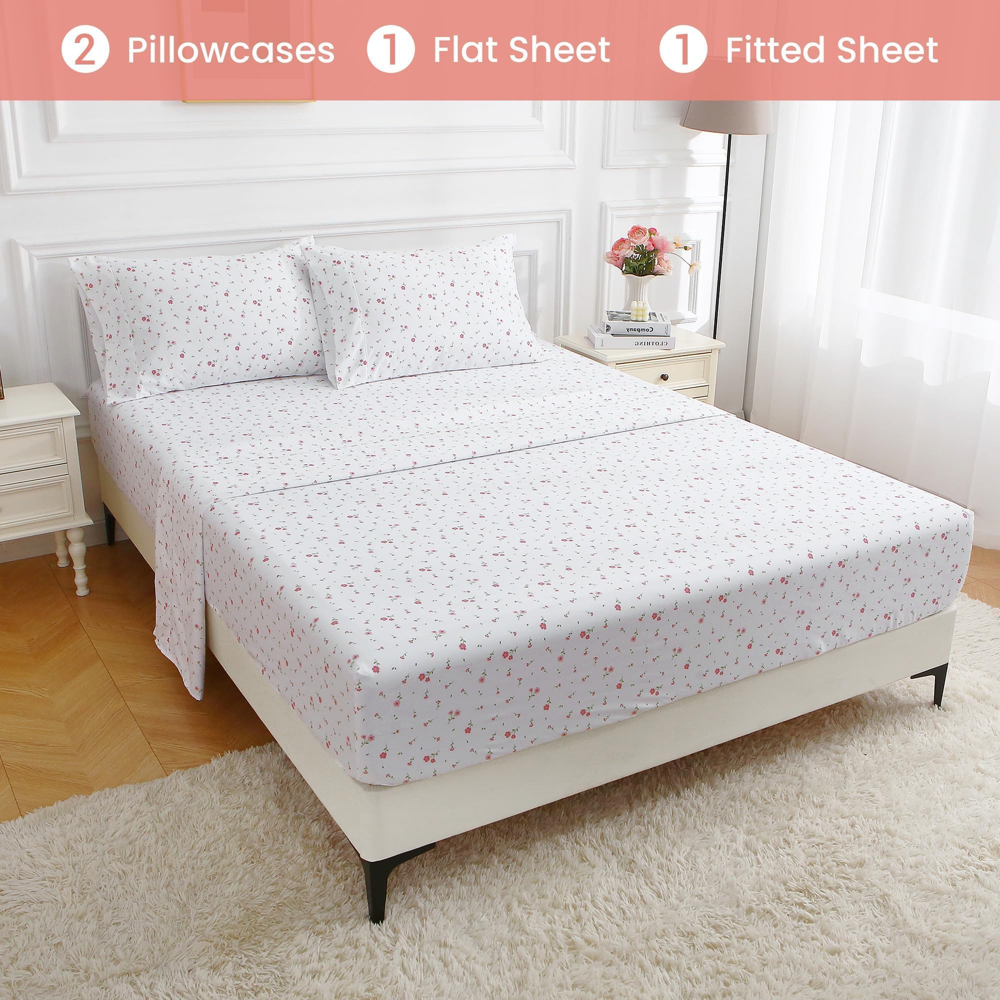 Softan Pink Floral Full Sheet Set Printed Sheets Double - 4 Piece Microfiber Patterned Fitted Sheets with 15" Deep Pocket, Cute Pink Flower Sheets with Straps