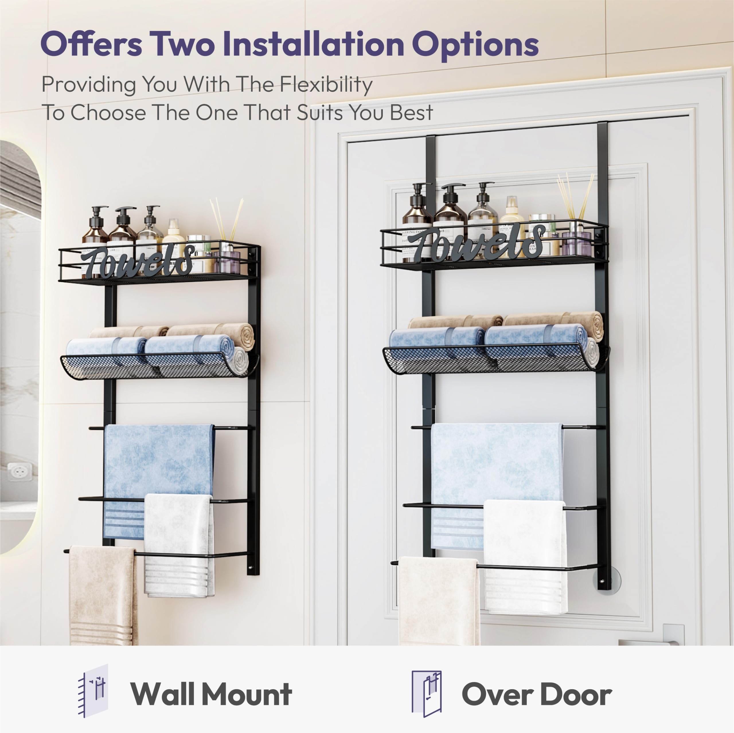 SWTYMIKI Towel Rack for Bathroom - 5 Tier Over Door The Towel Rack Wall Mounted with Metal Shelf, Over Door Towel Holder, Space-Saving Bathroom Storage, Multi-Functional Bathroom Accessories, Black