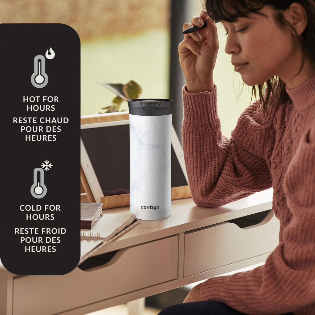 Contigo Huron 2.0 Couture Stainless Steel Travel Tumbler, Vacuum-Insulated Metal Tumbler for Coffee and Tea with Leak-Proof Lid, White Marble, 20 oz (591 mL)