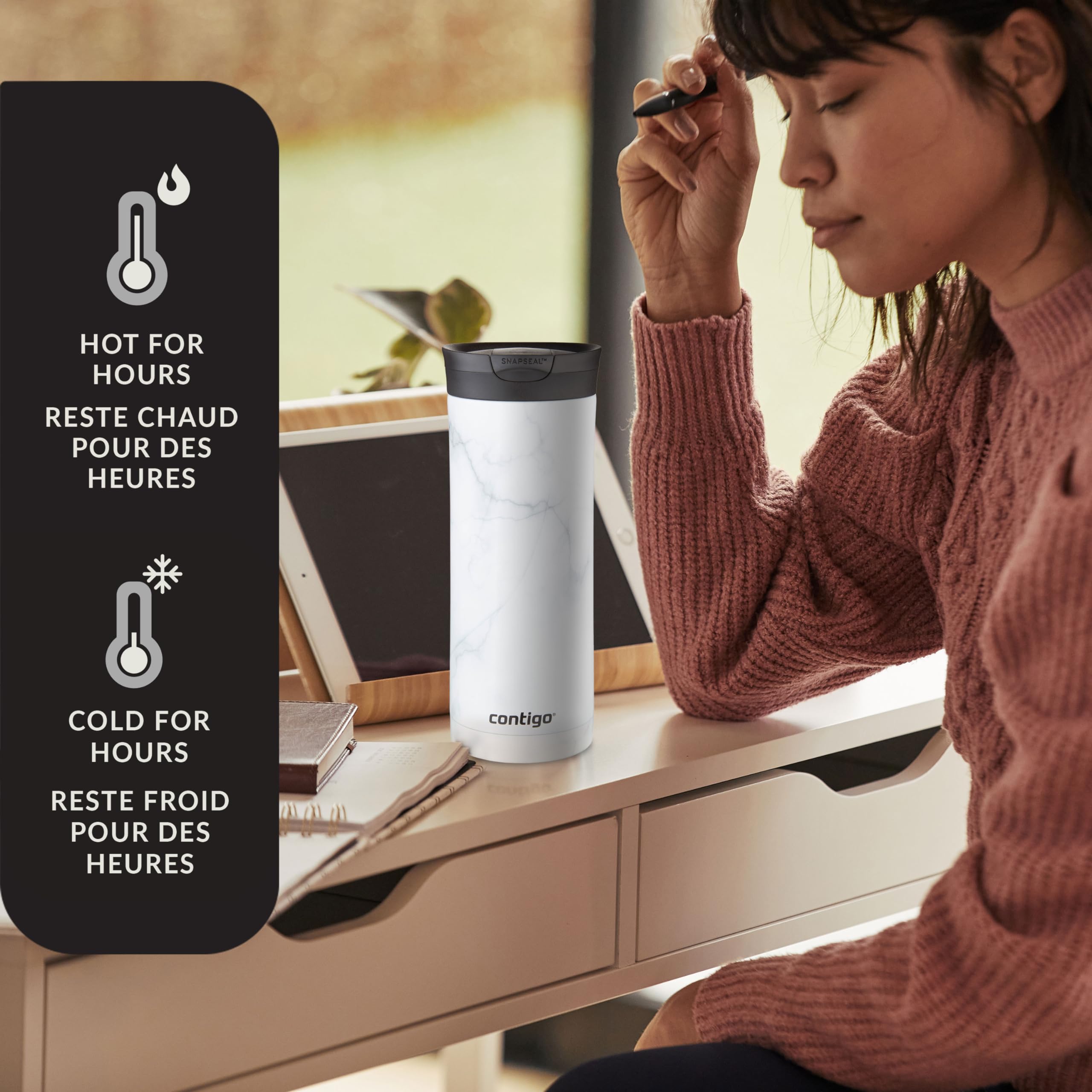 Contigo Huron 2.0 Couture Stainless Steel Travel Tumbler, Vacuum-Insulated Metal Tumbler for Coffee and Tea with Leak-Proof Lid, White Marble, 20 oz (591 mL)