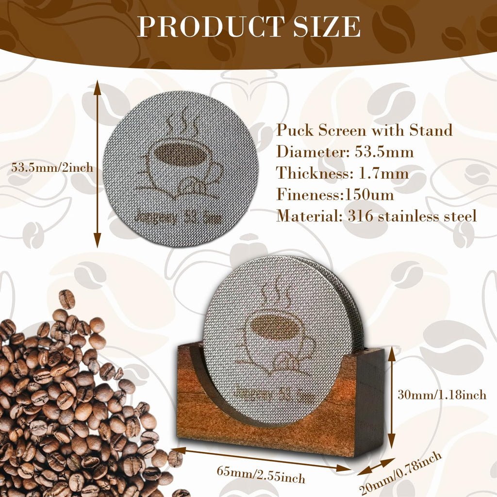 2 Packs 53.5mm Espresso Puck Screen with Stand, Reusable Coffee Filters Compatible with Breville Barista 54mm Portafilter Basket, 1.7mm Thickness 150μm 316 Stainless Steel Espresso Machine Accessories