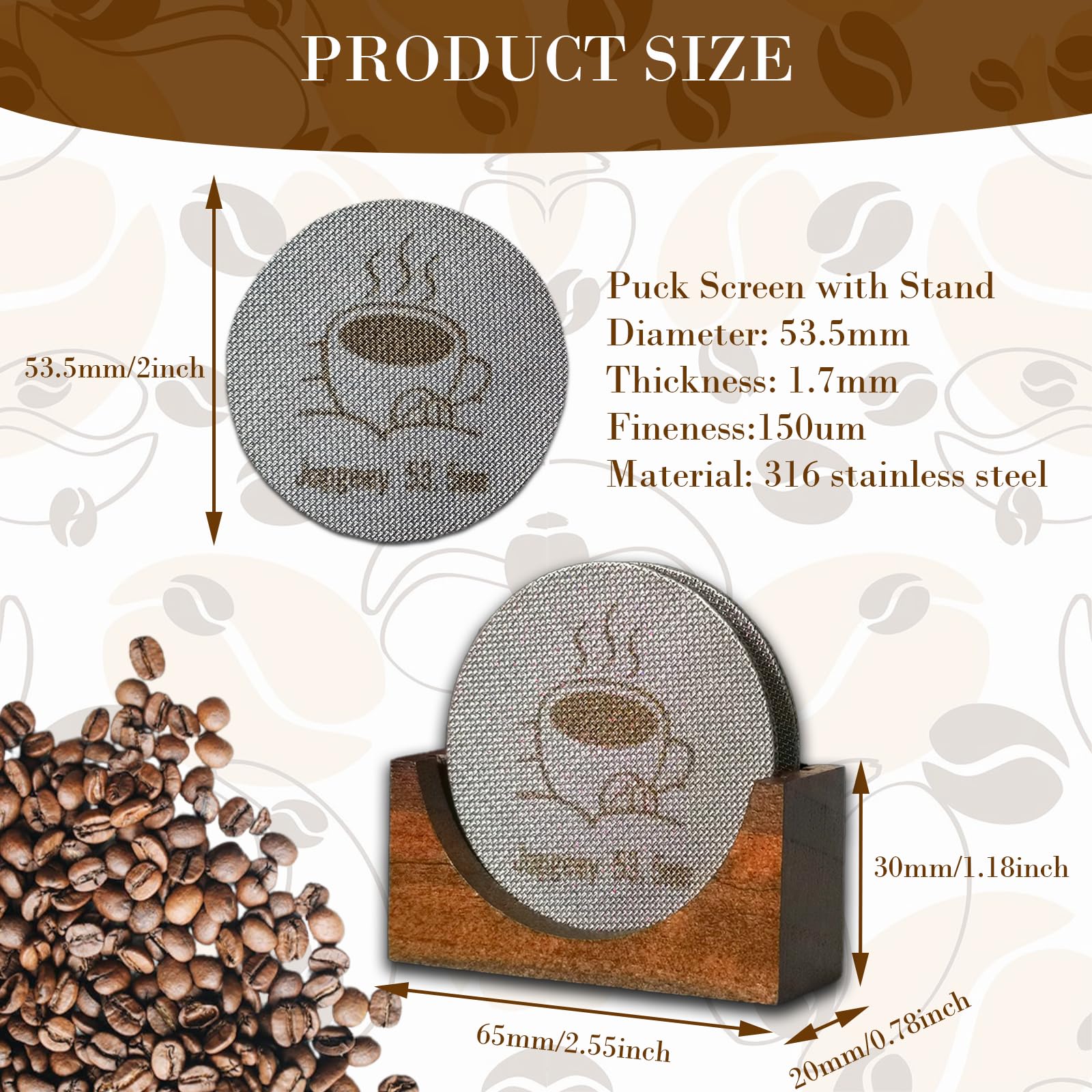 2 Packs 53.5mm Espresso Puck Screen with Stand, Reusable Coffee Filters Compatible with Breville Barista 54mm Portafilter Basket, 1.7mm Thickness 150μm 316 Stainless Steel Espresso Machine Accessories