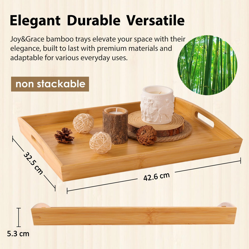 Joy&Grace Bamboo Serving Tray with Handles, Dinner Food Tray for Bed Breakfast Eating and Serving, for Coffee Table Ottoman TV, Decorative Wood Large Charcuterie Platter 42.6 x 32.5 cm 1 Pack
