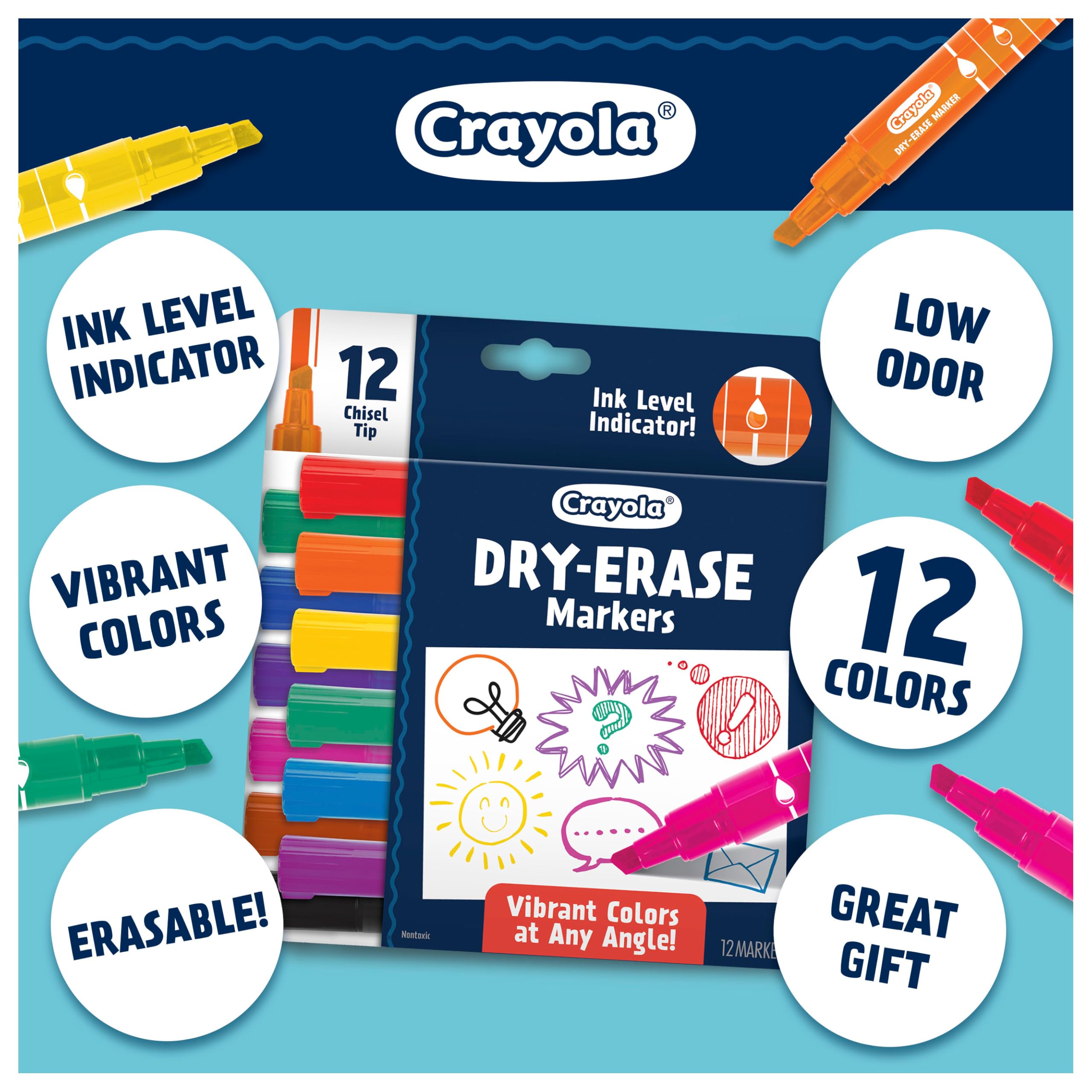 Crayola Low Odor Dry Erase Markers, Chisel Tip, Assorted Colors, Back To School Supplies, 12Count
