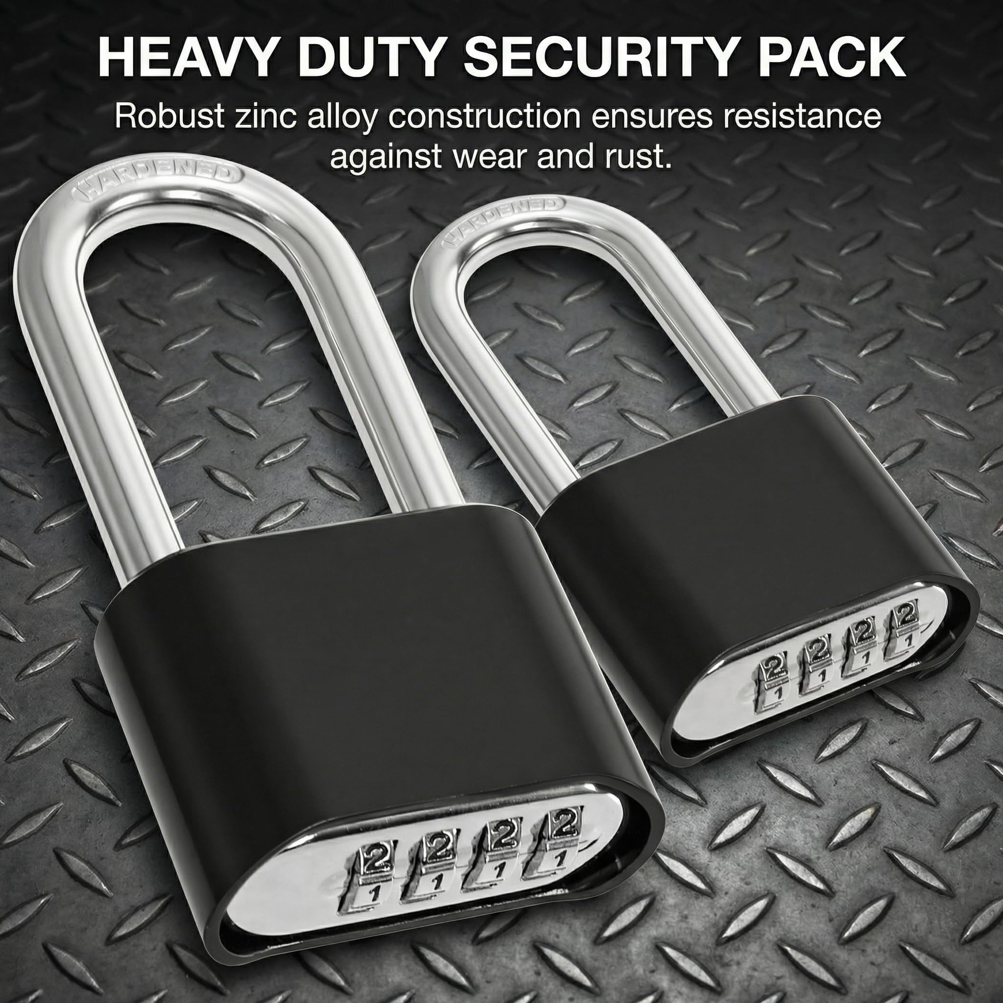 Hiceeden 2 Pack 4 Digit Heavy Duty Combination Lock, Long Waterproof Shackle Padlock, Resettable Zinc Alloy Lock for Outdoor, Gate, Fence, School Gym Locker, 2" Wide, Black