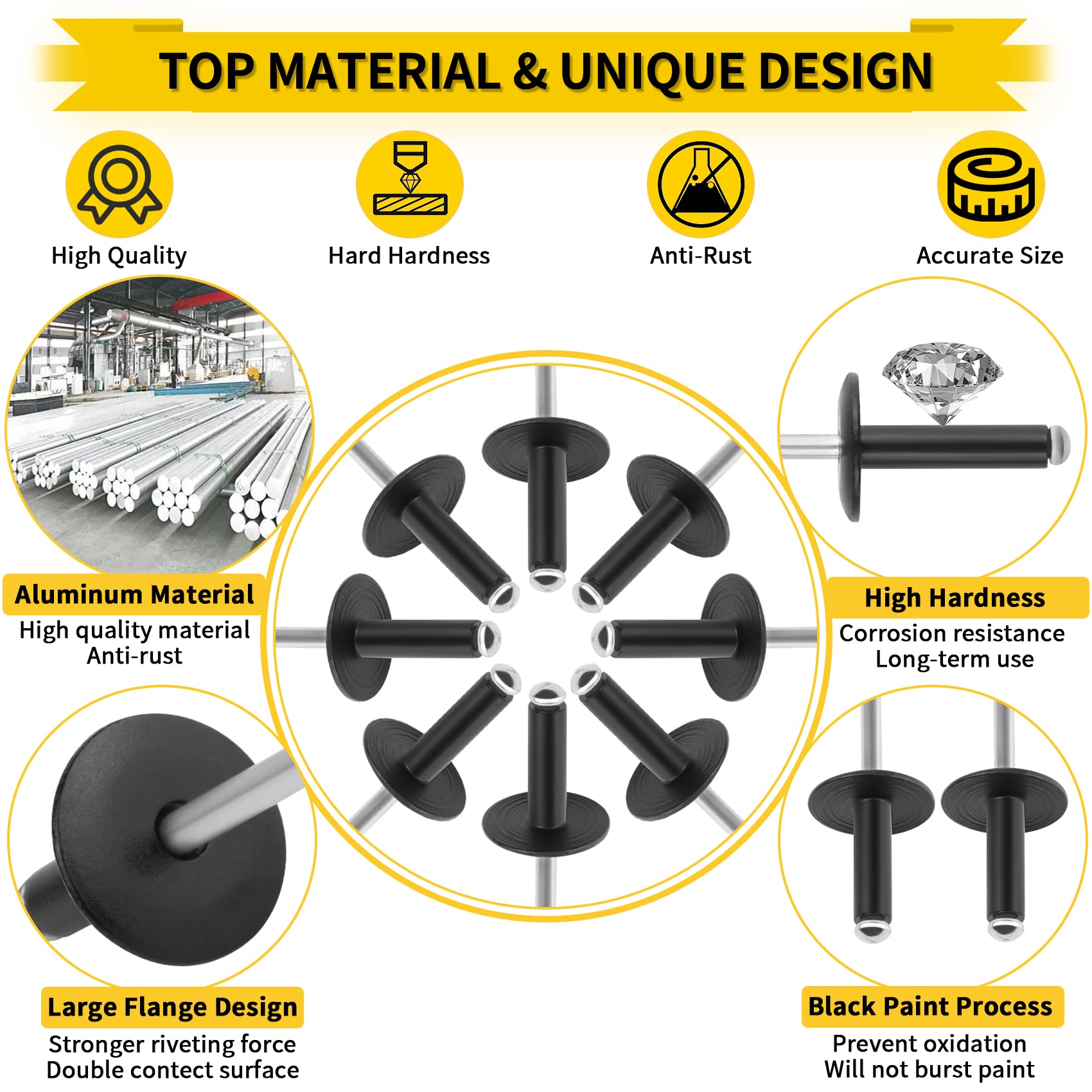 Pop Rivets Assortment Kit, 250PCS Large Flange Aluminum Rivets, 11 SAE Sizes Flange Diameter - 1/8" 5/32" 3/16" for Airplanes, Ships, Rails and DIY（Black ）