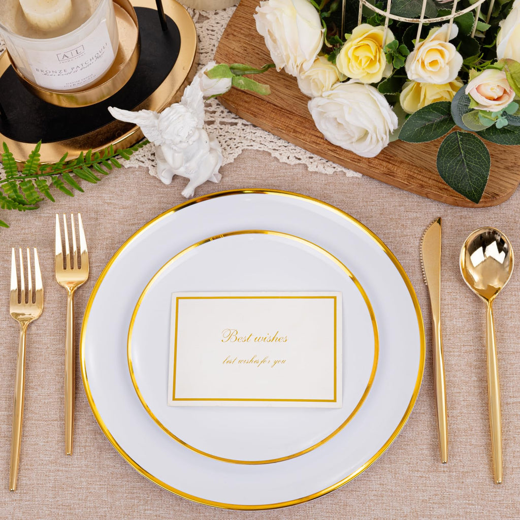 LIYH 60 Pcs Gold Plastic Plates Disposable - White Plastic Plates for Party/Weddings Include 30 White Gold Rim Dinner Plate 10.25" & 30 Dessert Plate 7.5 "