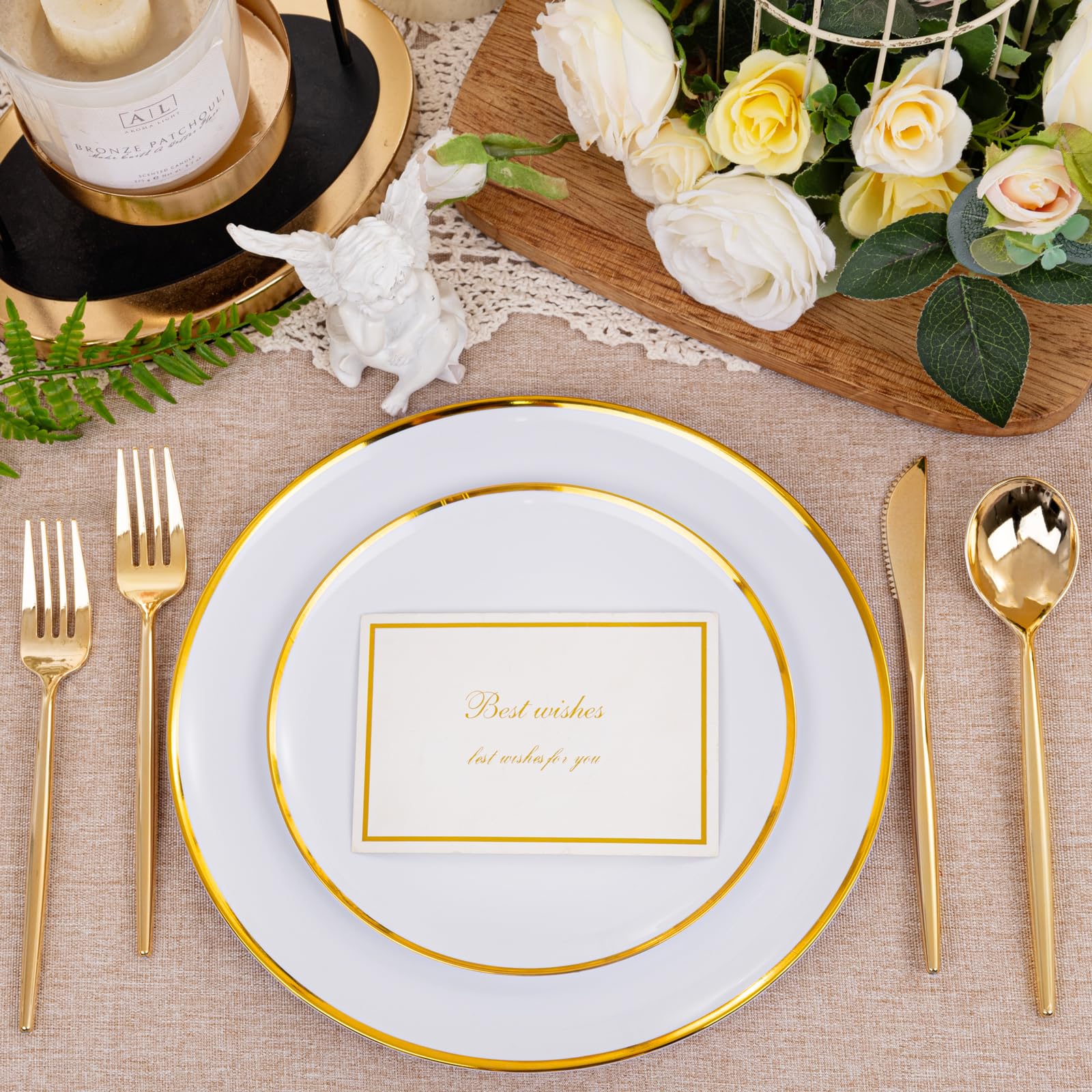 LIYH 60 Pcs Gold Plastic Plates Disposable - White Plastic Plates for Party/Weddings Include 30 White Gold Rim Dinner Plate 10.25" & 30 Dessert Plate 7.5 "