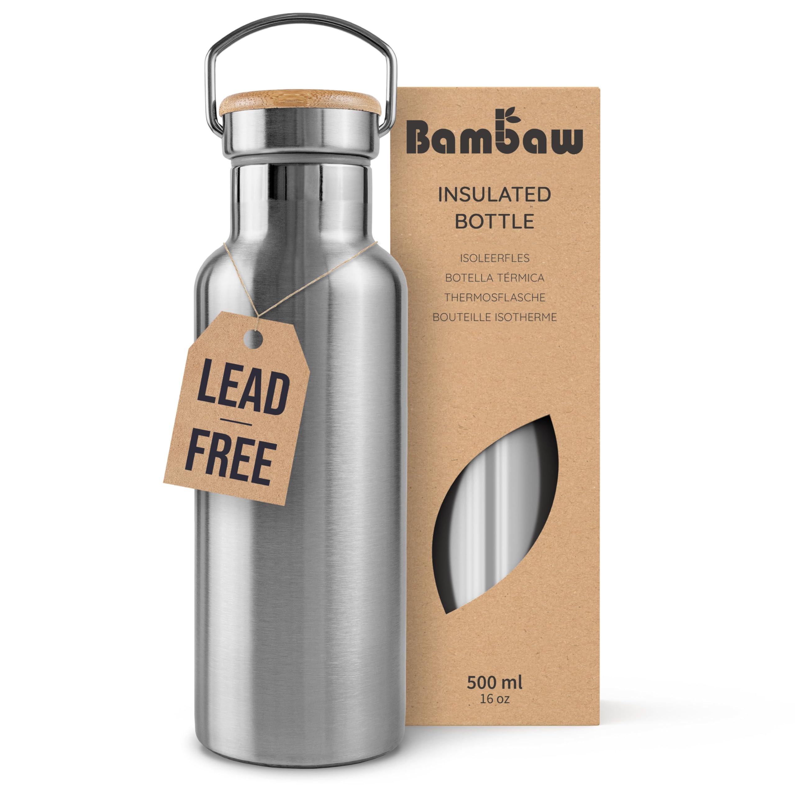Bambaw 16 oz Water Bottle Insulated, Small Reusable Water Bottle Stainless Steel, Keeps Drinks Cold 24h and Hot 12h, Easy to Clean, Fits in Cup Holder & Easy to Carry (Silver)