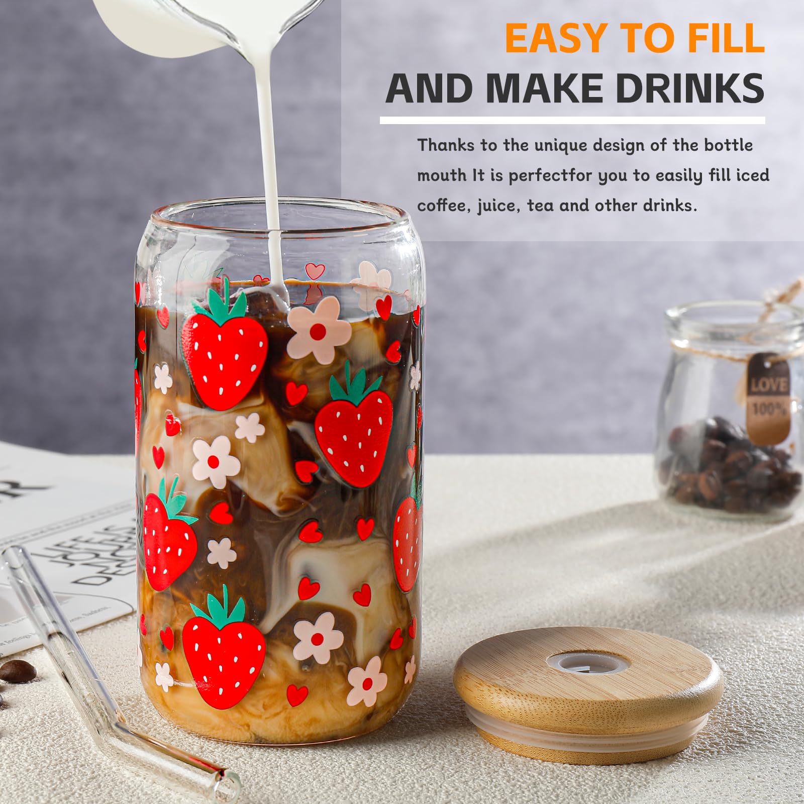 DWTS Glass Cups with Lids and Straws - Strawberry Design 4 Pcs, 16 oz Clear Drinking Glasses Set, Tumbler, Cute Iced Coffee Cups