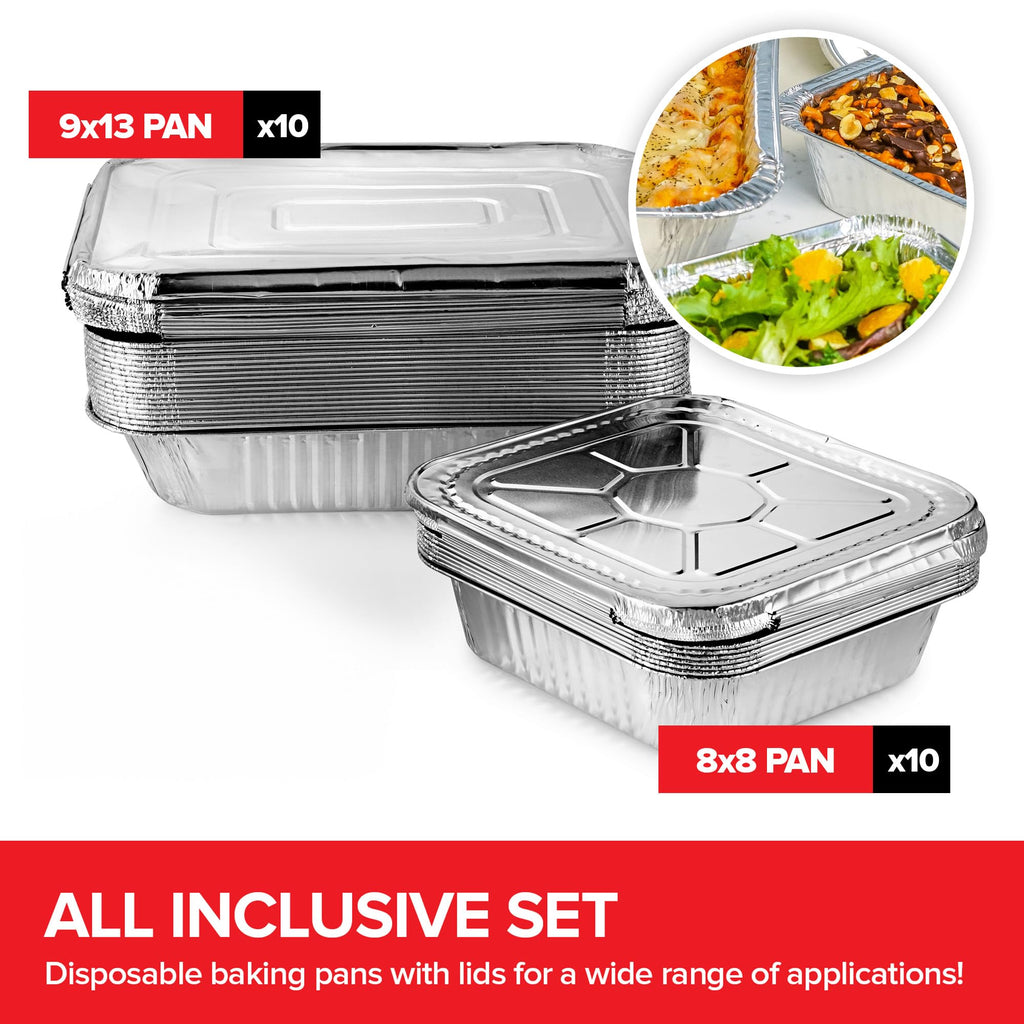 Disposable Foil Pans with Lids (Set of 20) Heavy Duty Aluminum Pans 9x13 (10 Pack), 8x8 (10 Pack) Baking Tins with Covers for Cooking, Heating, Storing, Food Prep, Holiday Dinner Meals