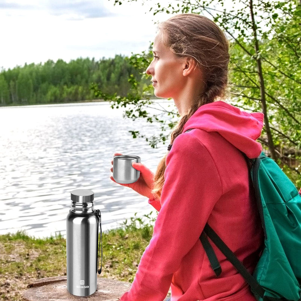 Insulated Vacuum Thermo Bottle 25oz with Cup lid Leakproof Stainless Water Flask for Coffee hot and Cold Drink.(Silver,750ml)