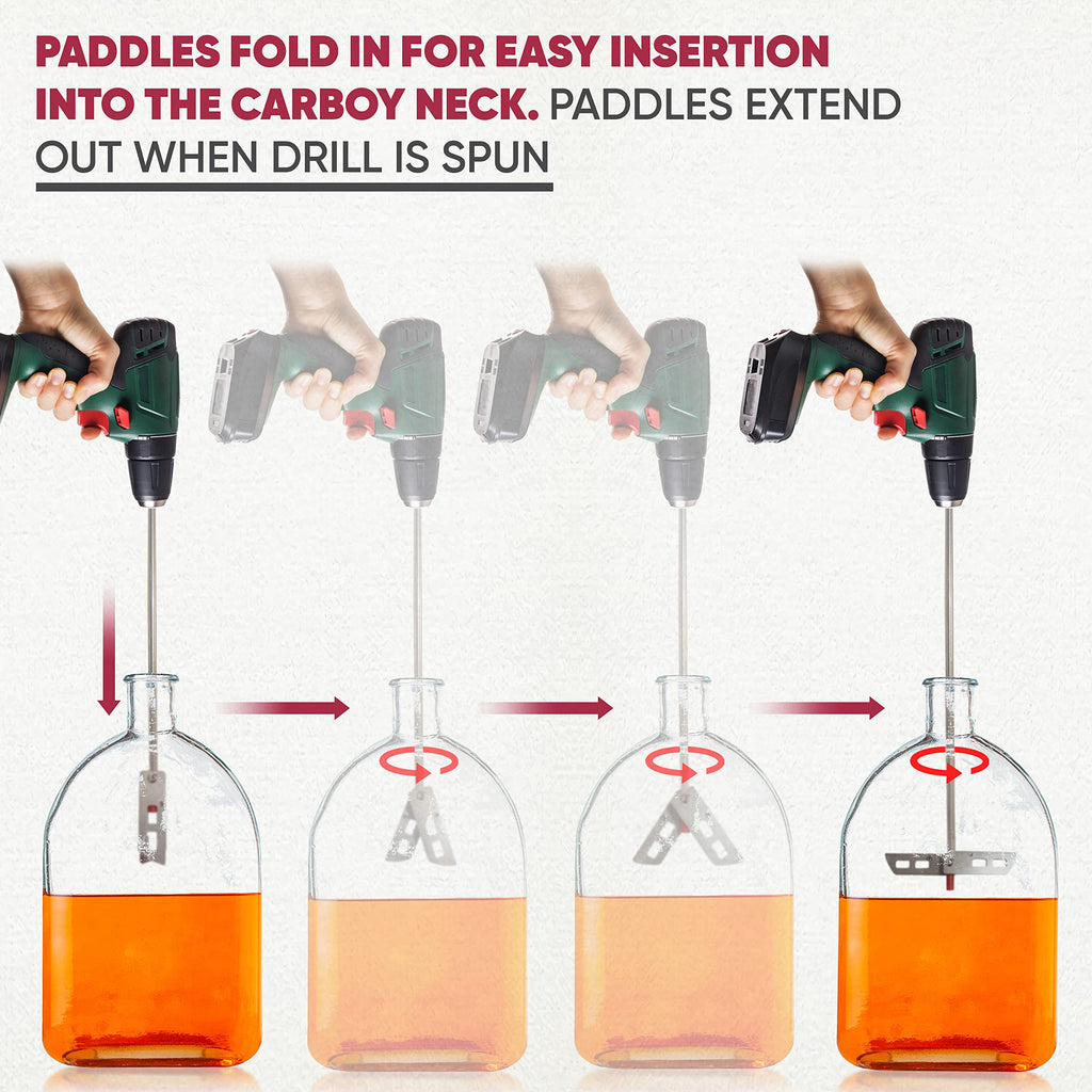 Wine Beer Degassing Stirrer for Wine Making 17.5” Stainless Steel 316 Drill Mixer Rod Attachment Wand w/Paddles | Winemaking, Brewing, Mead, Kombucha Supplies | Mixing De-gasser Agitator Tool
