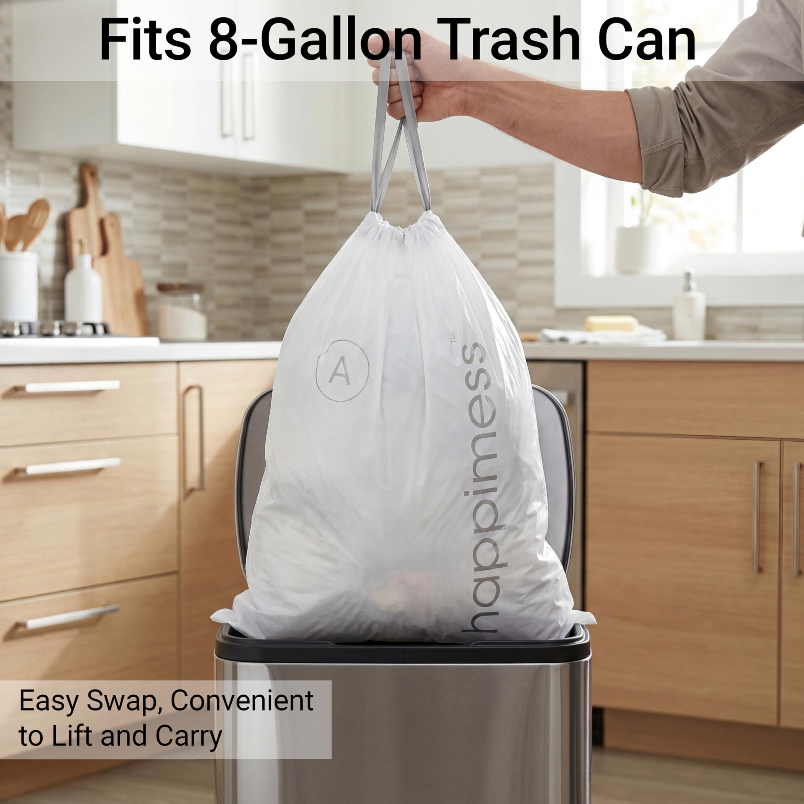 happimess HPM3000A-WHITE 7.9 Gallon Kitchen Drawstring Trash Bags, Trash Can Liner, White, 60-Count, 3-Packs of 20 Liners