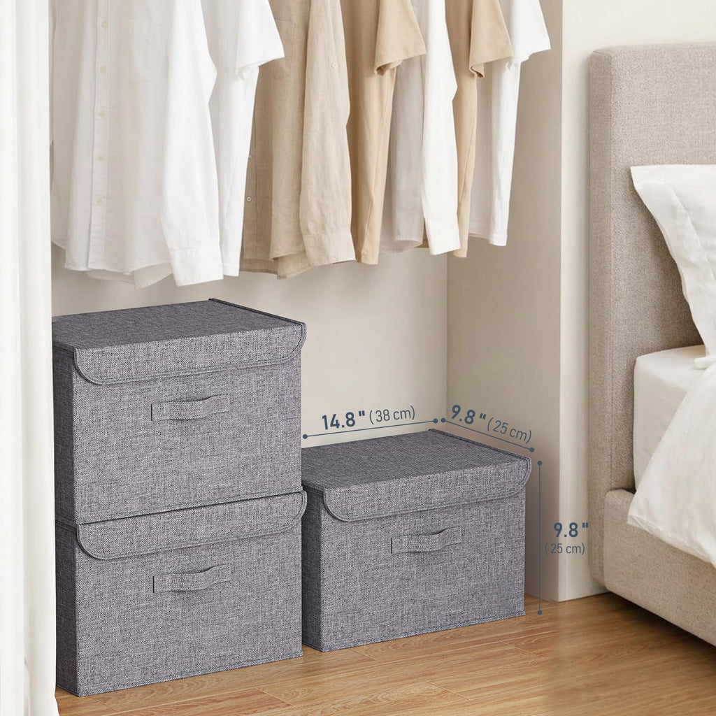 DIMJ Fabric Storage Box with Lid - 2Pcs Closet Storage Bin with Handle Organizer and Storage Foldable Decorative Basket with Lid Storage Containers Clothes,Bedroom, Office(Dark Grey)