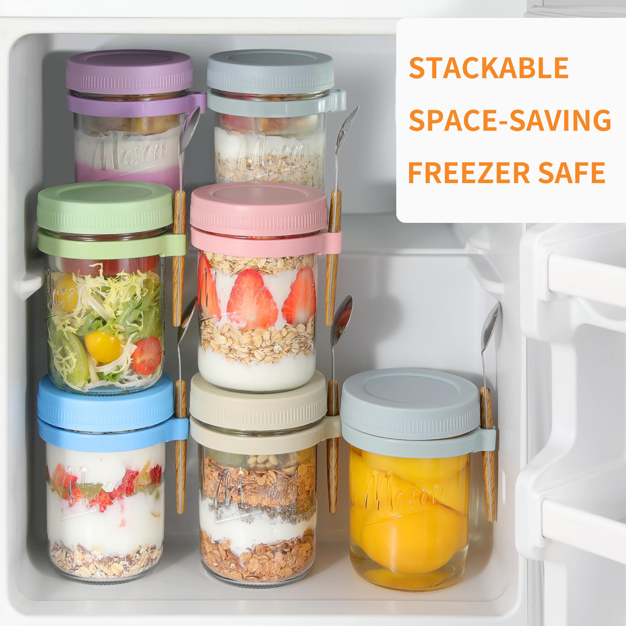 Xyptorix 4 Pack Overnight Oats Containers with Lids and Spoons, 16 oz Mason Jars with Removable Separate Compartments, Airtight and Leak-Proof Glass Jars for Chia Pudding, Yogurt, and Oatmeal
