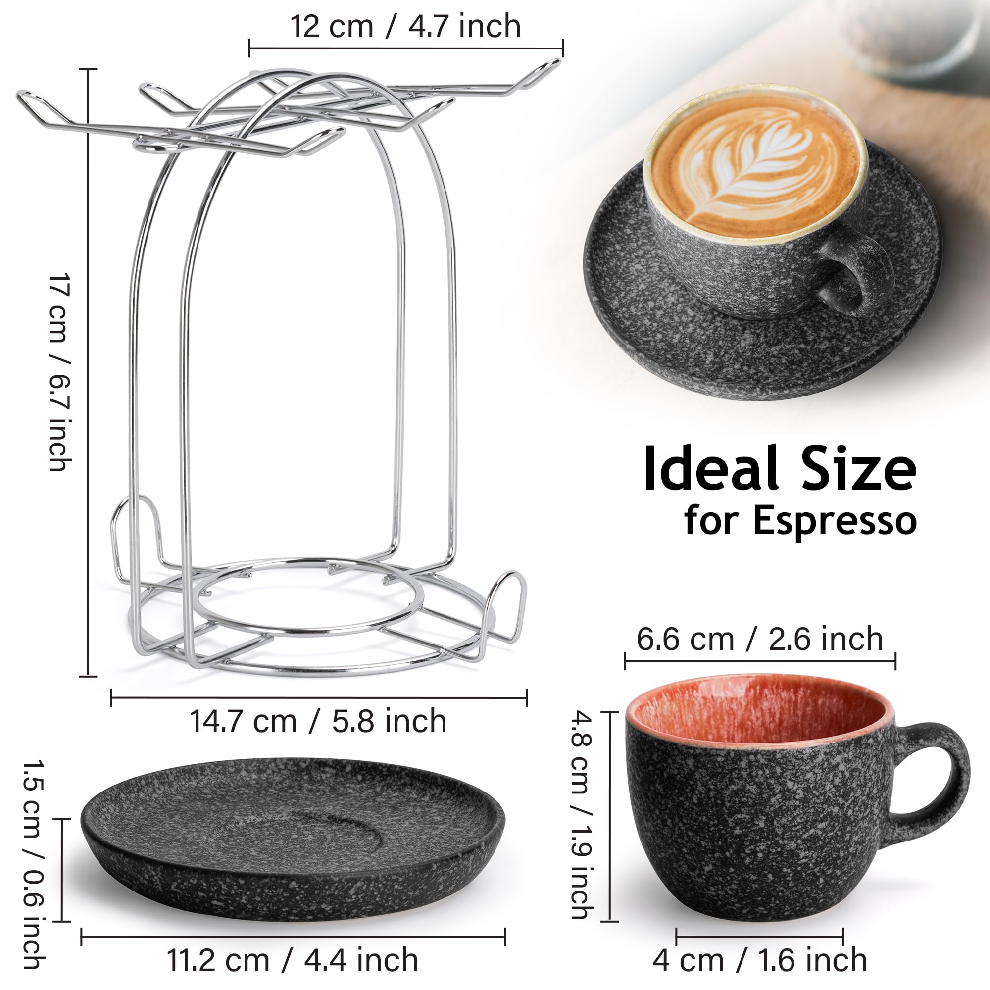 MIAMIO – 80 ml Ceramic Stackable Espresso Cups with Saucers and Metal Stand, Set of 6 Espresso Cup, Demitasse Cups, Coffee Mugs for Espresso, Latte, Café Mocha & Tea – Las Palmitas Collection