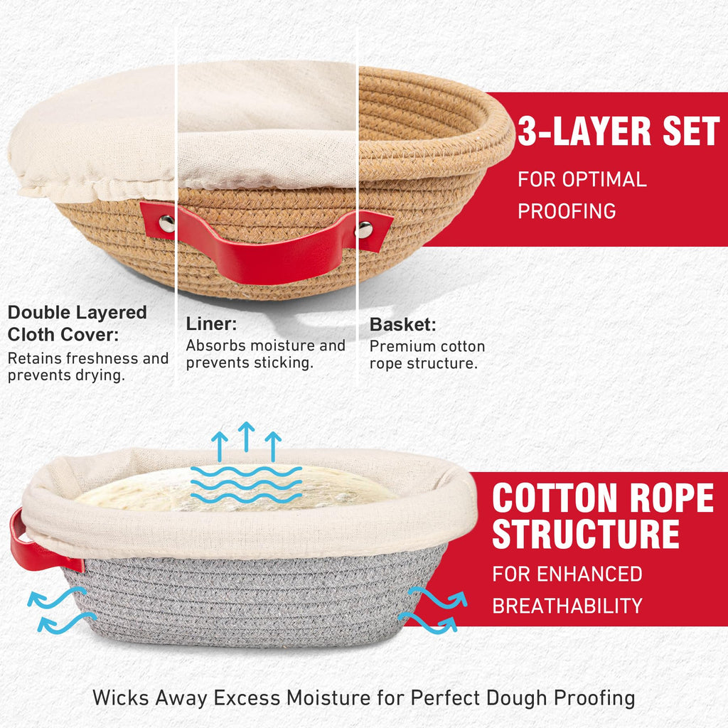 Banneton Proofing Basket Set - 9" Round & 10" Oval with Liners & Covers & Bread Lame | Cotton Rope Sourdough Bread Proofing Basket, Sourdough Tools Baking Supplies Gifts for Bakers, Women, Wife, Mom
