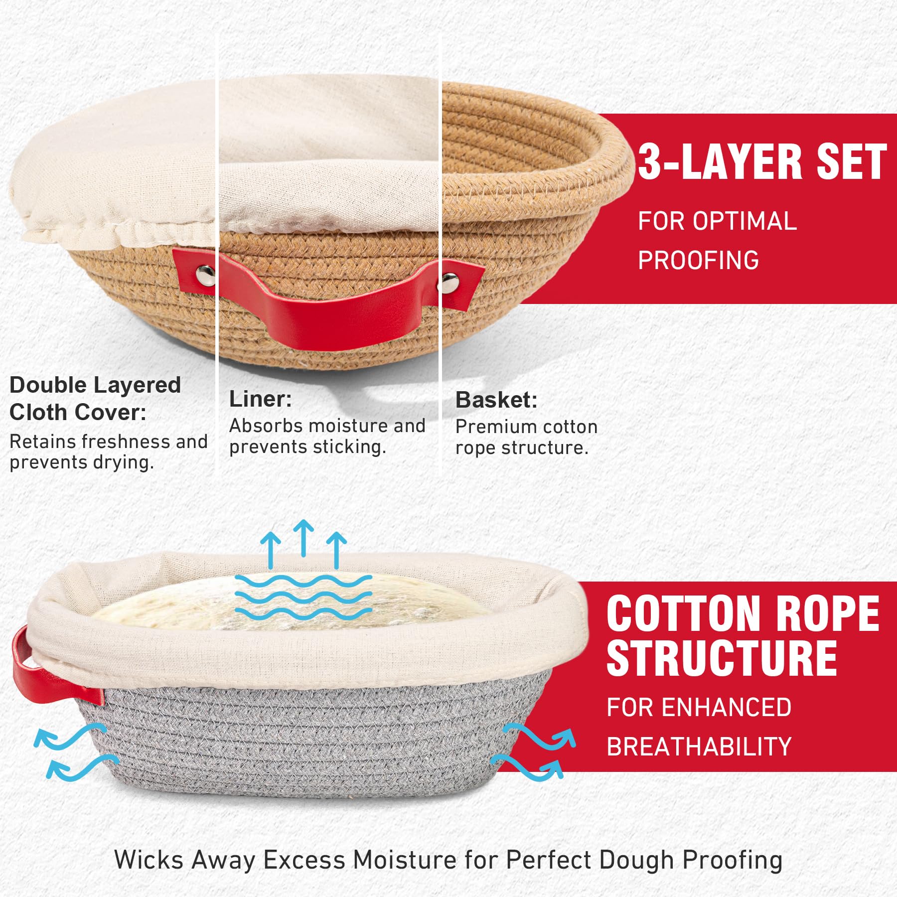 Banneton Proofing Basket Set - 9" Round & 10" Oval with Liners & Covers & Bread Lame | Cotton Rope Sourdough Bread Proofing Basket, Sourdough Tools Baking Supplies Gifts for Bakers, Women, Wife, Mom