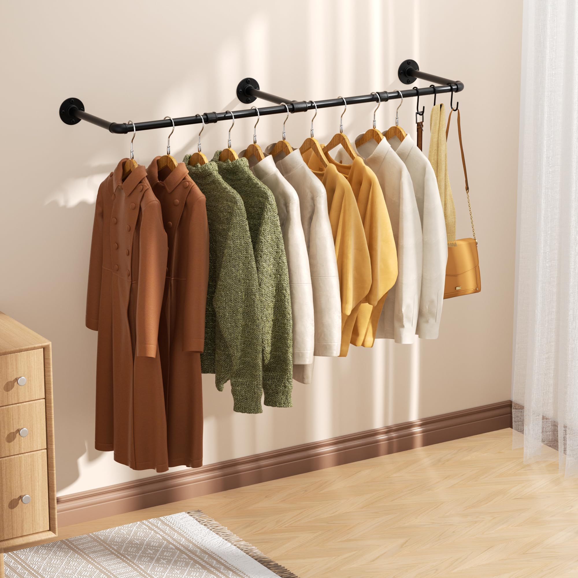 Pickpiff Vintage Clothes Rack, 55" Industrial Pipe Wall Mount Garment Rack, Space-Saving Heavy Duty Clothes Hanger for Closet Storage, 3 Bases, 1-Pack with 6 S-Hooks