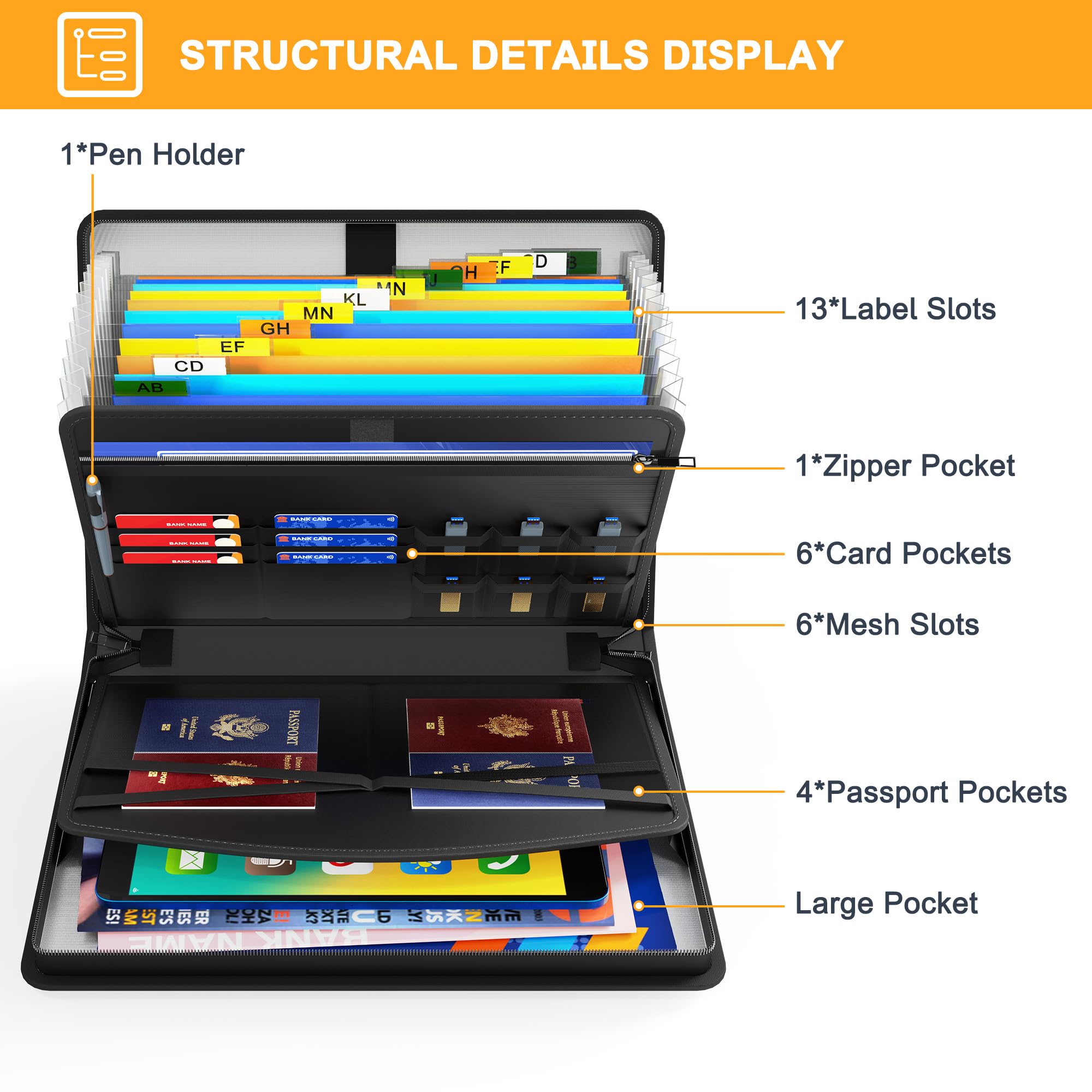 Hontom Accordion File Organizer,5200℉ Fireproof Document Organizer with 13 Pockets,Portable Travel Home Safe Storage File Folder Binder with Zipper for Letter Important Document,Paper,Receipt - Black