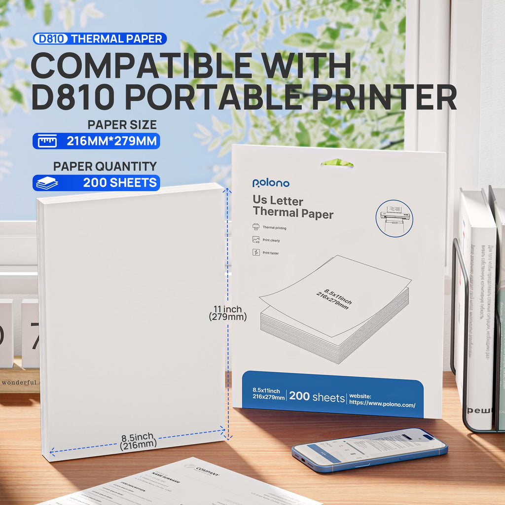 POLONO D810 Thermal Printer Paper 8.5 x 11 Inch, Advanced Thermal Printing, US Letter Size Thermal Paper Compatible with D810, Size 8.5" x 11", 200 Sheets
