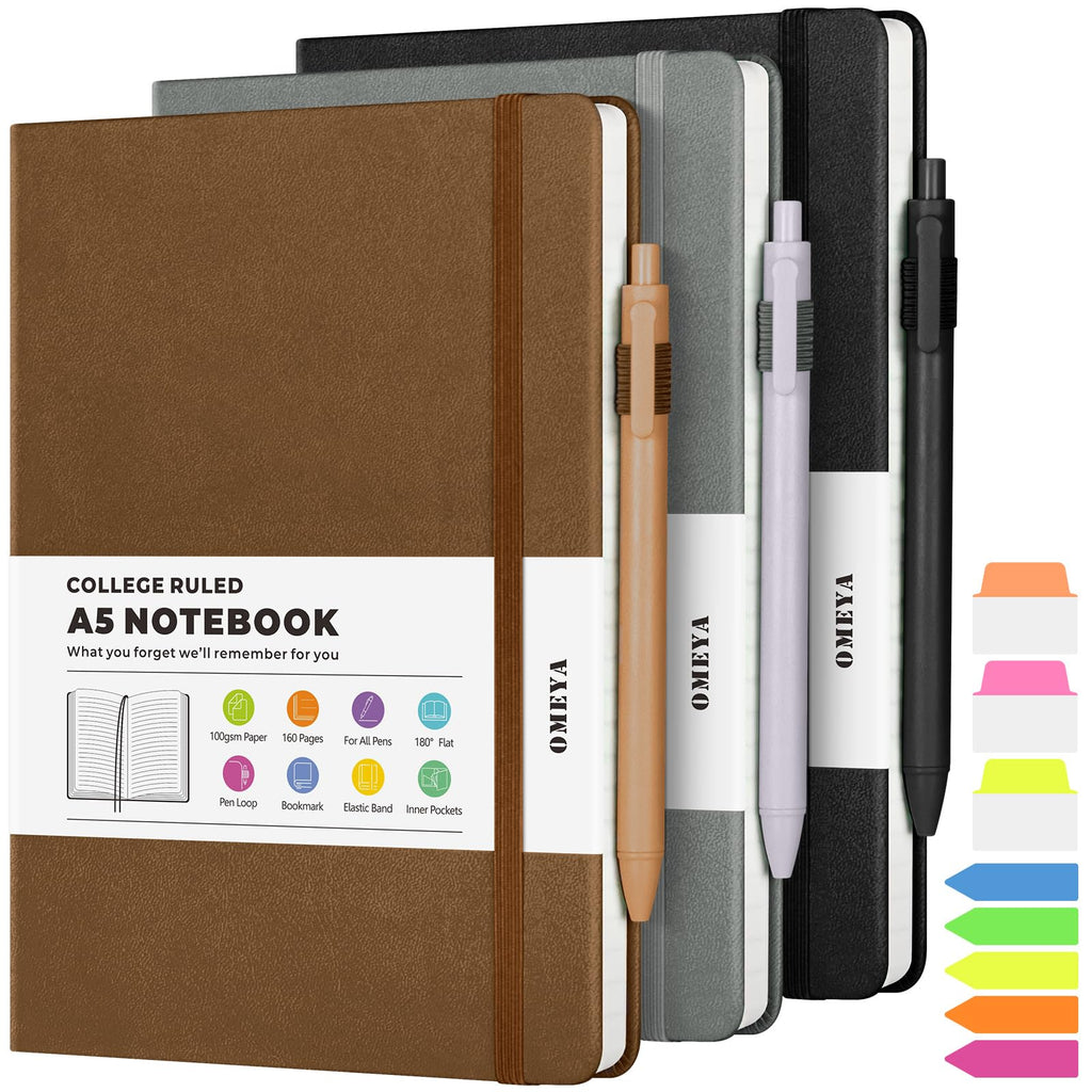 Lined Journal Notebook, 3 Pack A5 College Ruled Notebooks for Work, Hardcover Notebook Each with 2 Pockets & Pen, Leather Journal for Women, Men, 160 Pages, 100GSM Thick Paper (Multi-Colors 5.7"x8.3")