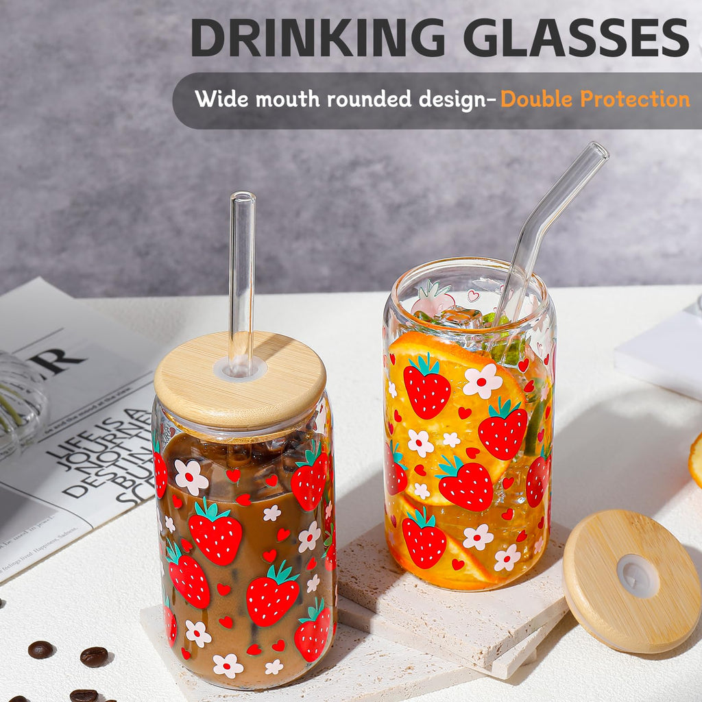 DWTS Glass Cups with Lids and Straws - Strawberry Design 4 Pcs, 16 oz Clear Drinking Glasses Set, Tumbler, Cute Iced Coffee Cups