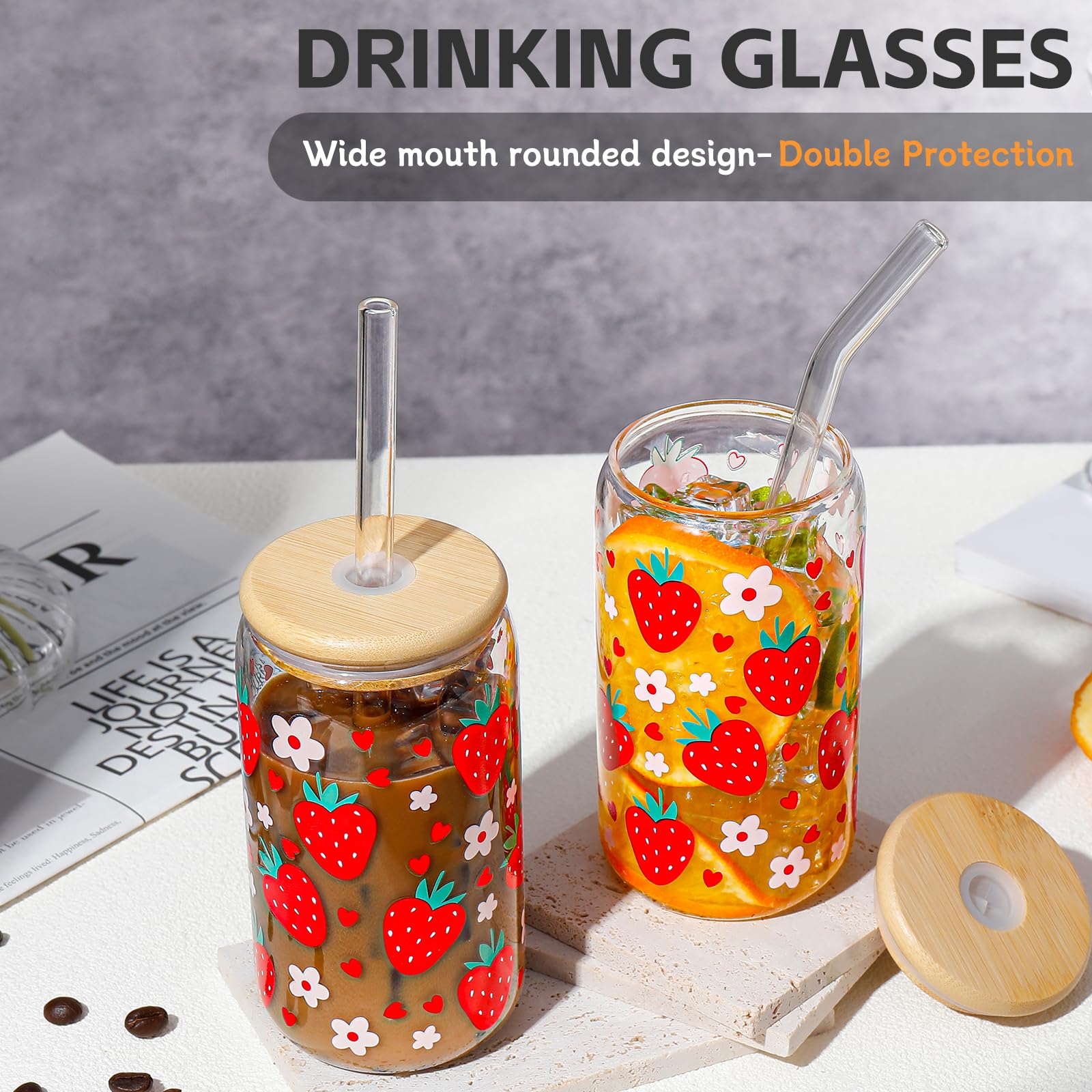 DWTS Glass Cups with Lids and Straws - Strawberry Design 4 Pcs, 16 oz Clear Drinking Glasses Set, Tumbler, Cute Iced Coffee Cups
