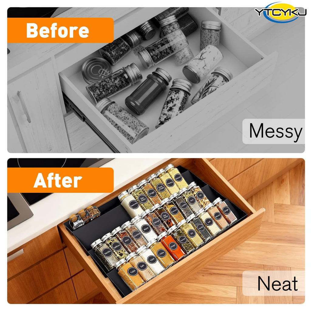 Spice Drawer Organizer with 180 Labels,4 Tier 2 Pack Drawer Seasoning Organizer with Guardrail,Spice Rack Organizer Expandable from 30 cm to 60 cm for Kitchen Drawers,Cabinets,Countertop