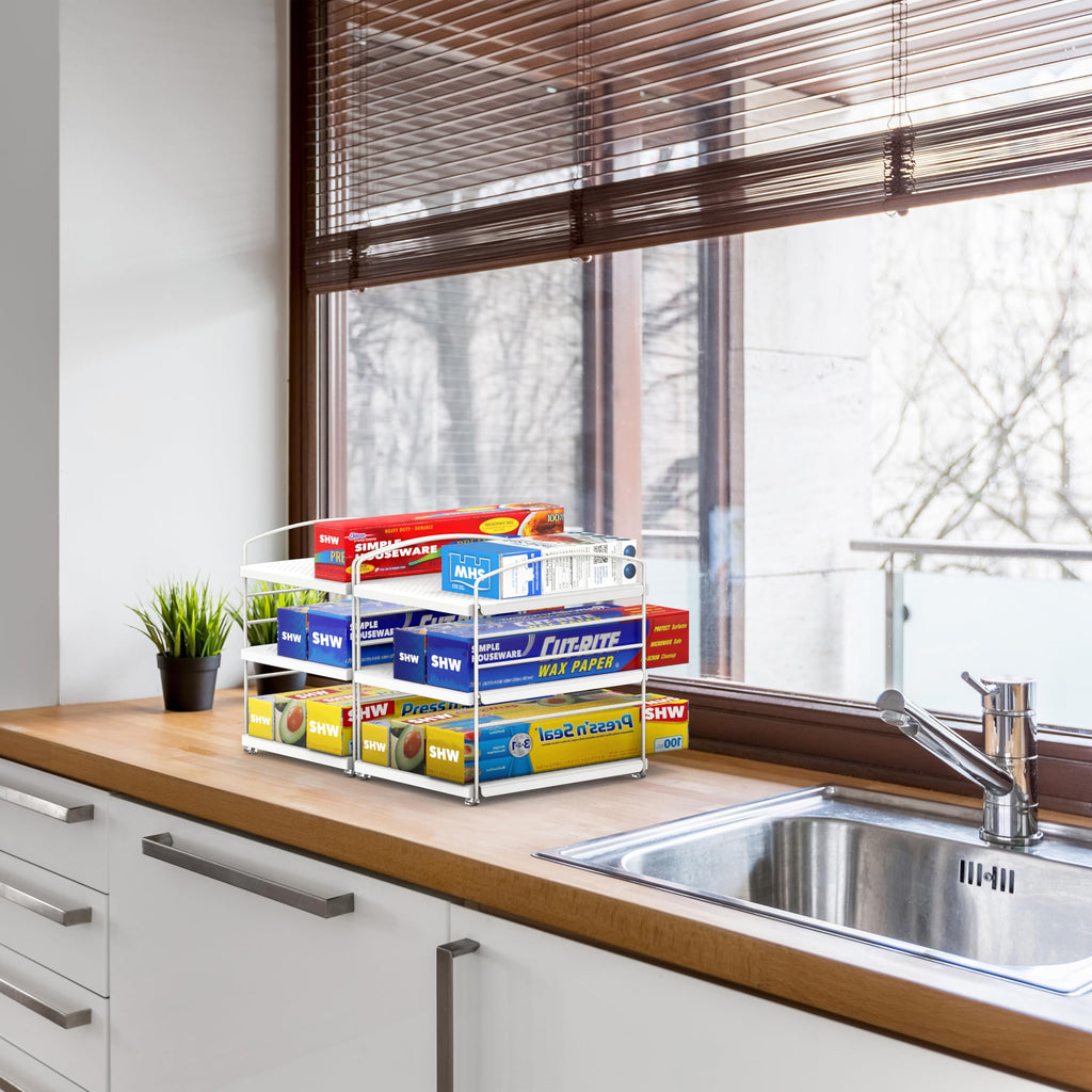 Simple Houseware Height Adjustable Kitchen Shelf Organizer, Aluminum Foil & Plastic Wrap Rack for Cabinet or Counter Storage, 9.5" D x 7.9" W x 9.8" H, White