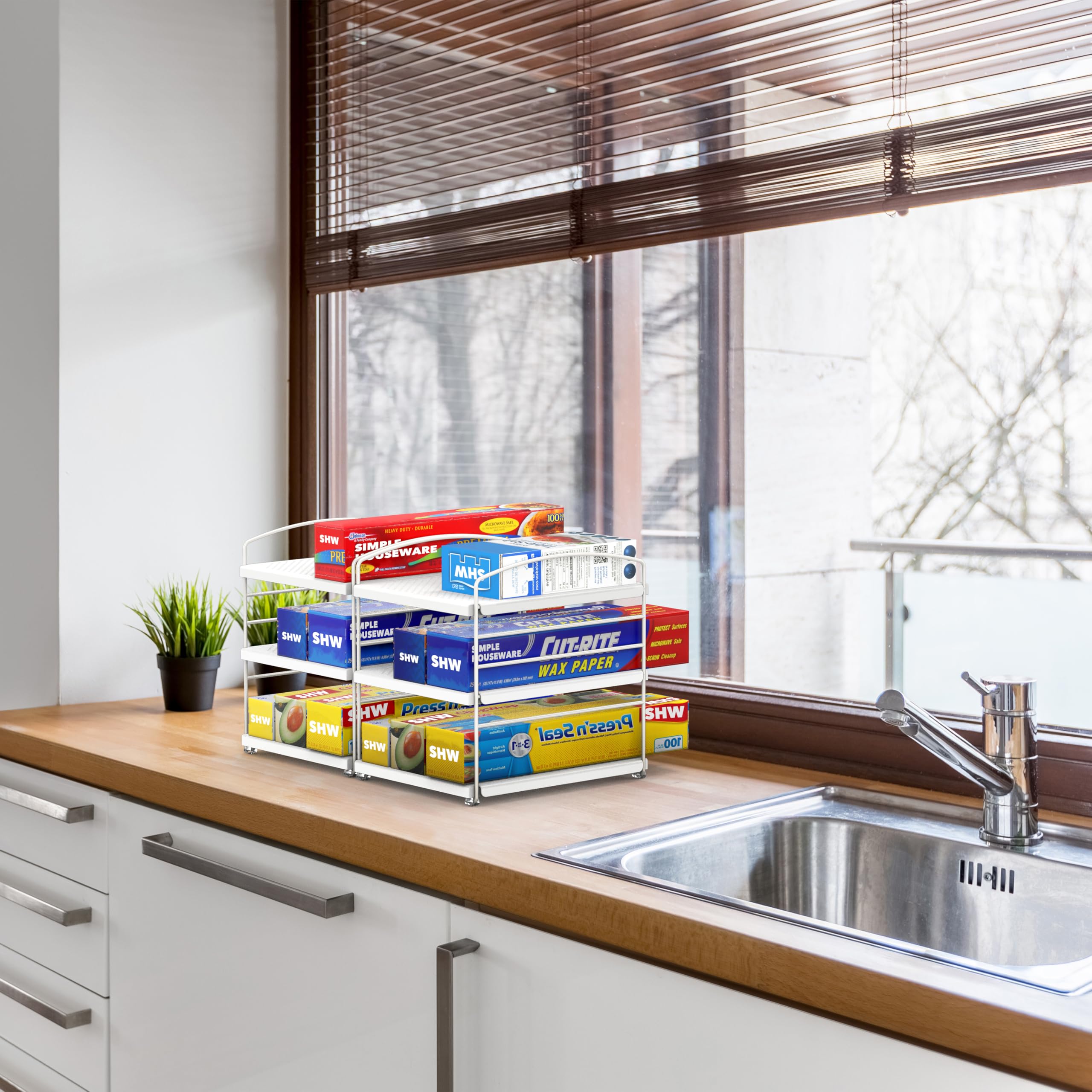 Simple Houseware Height Adjustable Kitchen Shelf Organizer, Aluminum Foil & Plastic Wrap Rack for Cabinet or Counter Storage, 9.5" D x 7.9" W x 9.8" H, White
