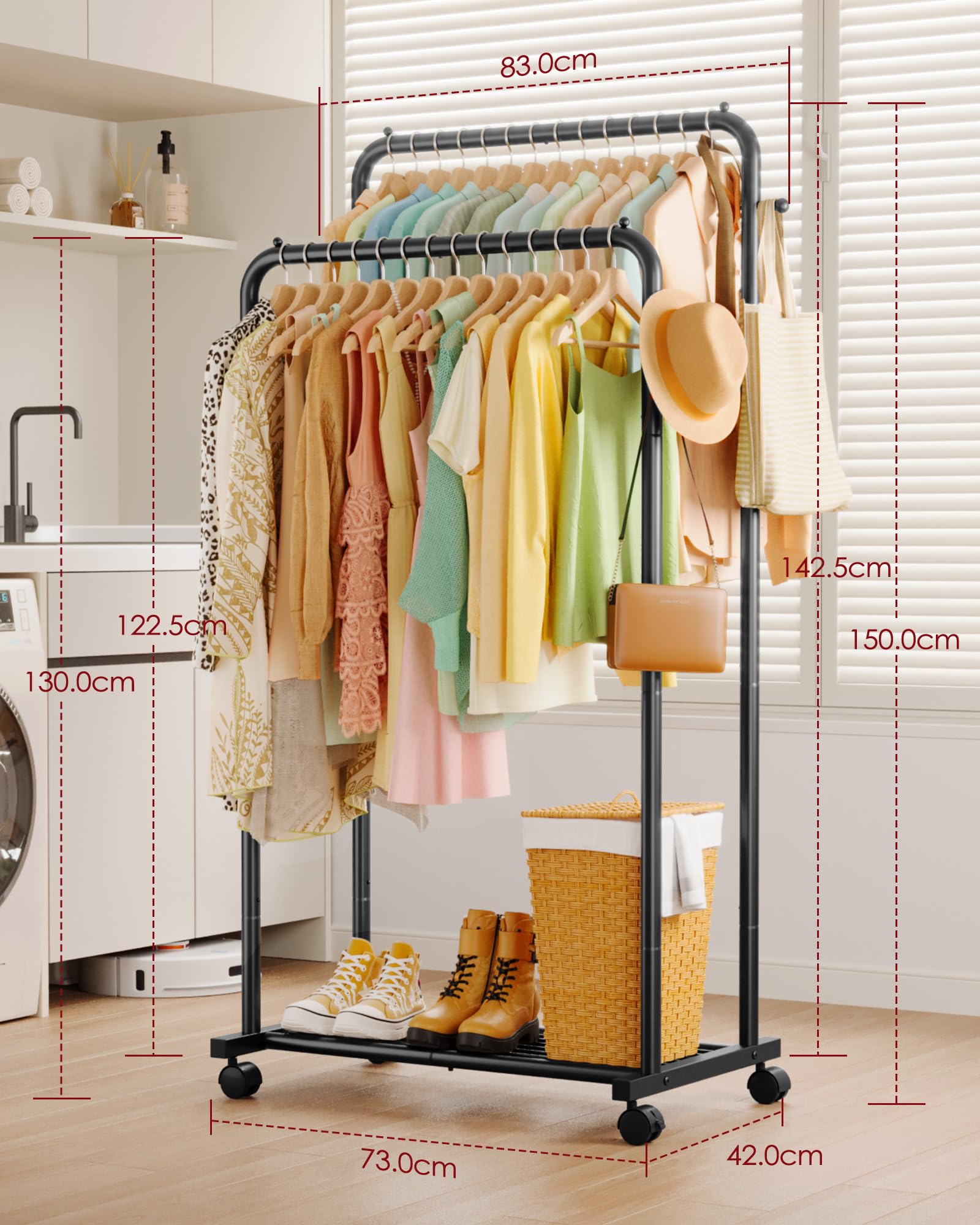 Sakugi Clothing Rack - Double-Rod Coat Rack with Hooks & 4 Universal Wheels, Movable Metal Clothes Rack with Mesh Shelf for Clothes Storage, 73 x 42 x 150 cm, Black