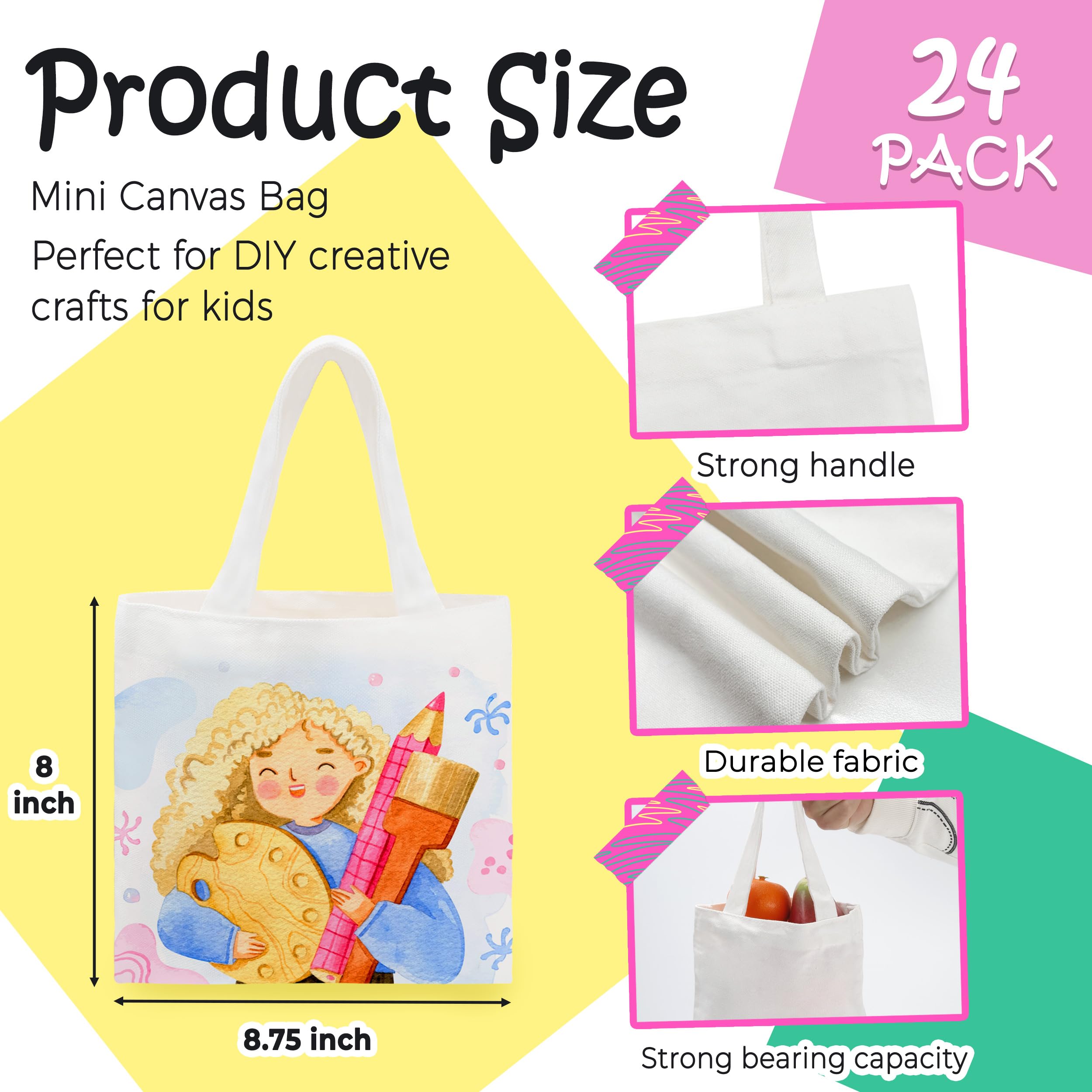 Joyclub - 24 Pack Mini Reusable Sublimation Canvas Tote Bags Bulk Small Canvas Tote Bags for Easter Wedding Birthday Party DIY Gifts (White)