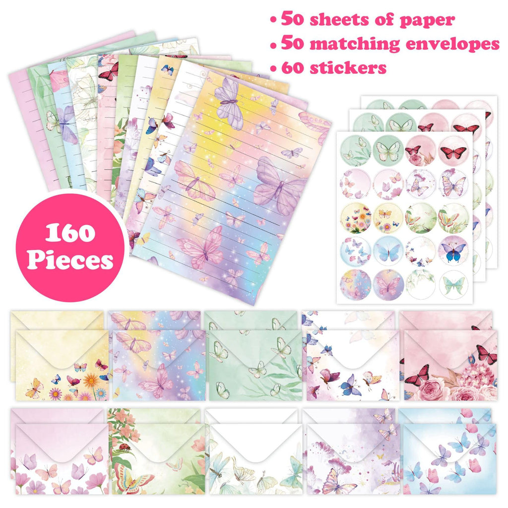 160 Pcs Watercolor Stationery Paper and Envelopes Set, 50 Pcs Butterfly Letter Writing Paper 50 Pcs Matching Envelopes Flower Lined Stationary Paper for Party Girls Office School Supplies