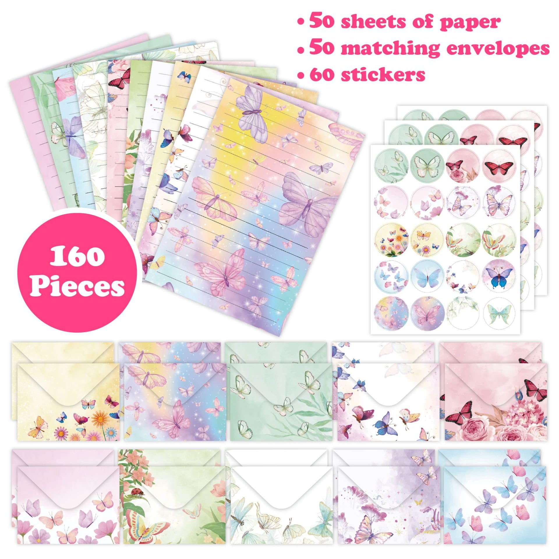 160 Pcs Watercolor Stationery Paper and Envelopes Set, 50 Pcs Butterfly Letter Writing Paper 50 Pcs Matching Envelopes Flower Lined Stationary Paper for Party Girls Office School Supplies