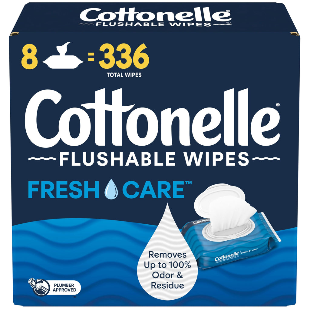 Flushable Wet Wipes; Cottonelle FreshCare; Biodegradable & Septic Safe; 8 Flip-Top Packs of 42 (336 Wipes)