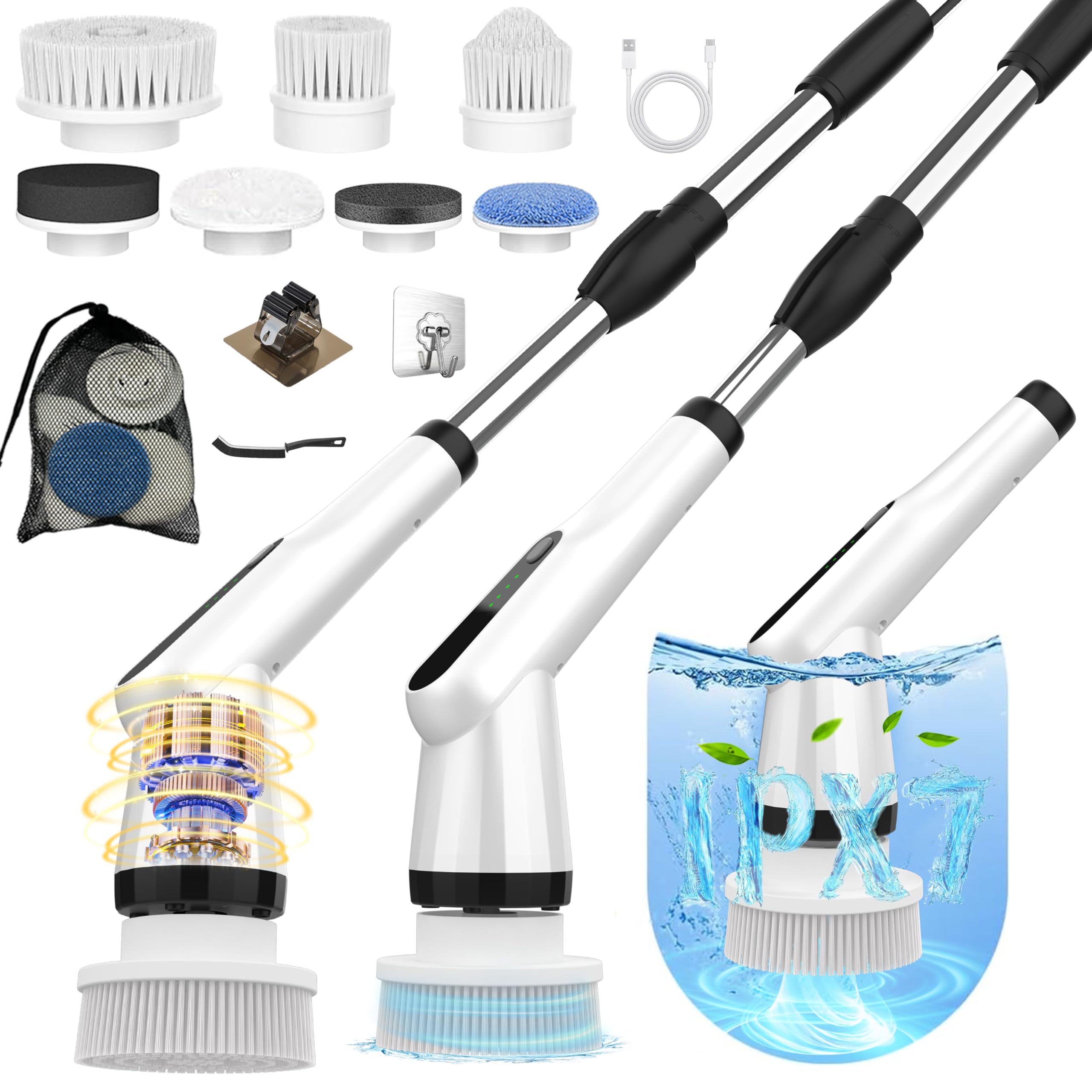 Electric Spin Scrubber, Dreazu IPX7 10-in-1 Bathroom Scrubber， Retractable Handle, 2-Speed Adjustable Shower Cleaner Brush for Bathroom, Bathtub, Kitchen, Tile Floors-White