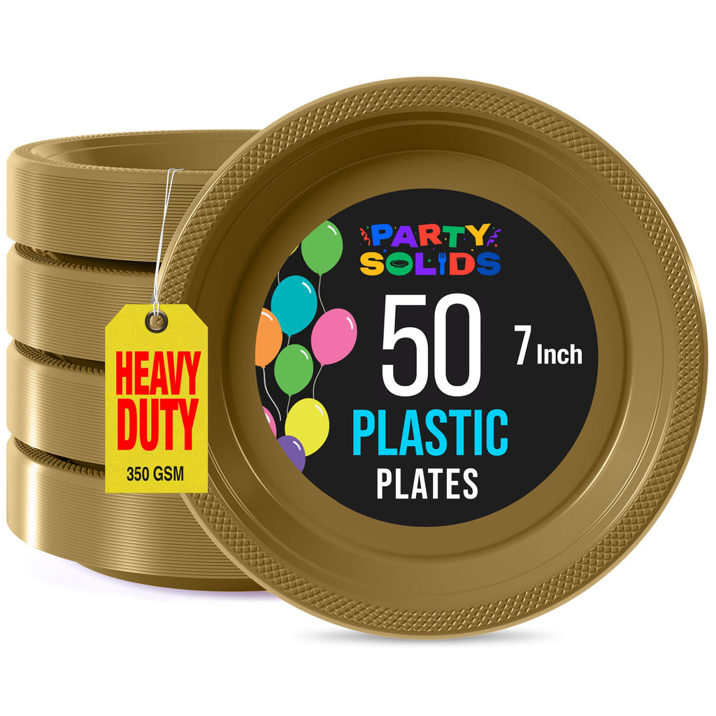 Exquisite Gold Plastic Plates for Party 7" Gold Disposable Plates for Party Supplies 50 Pcs Disposable Dinner Plate Heavy Duty 350 GSM Plate Sets, Plastic Dinnerware Sets