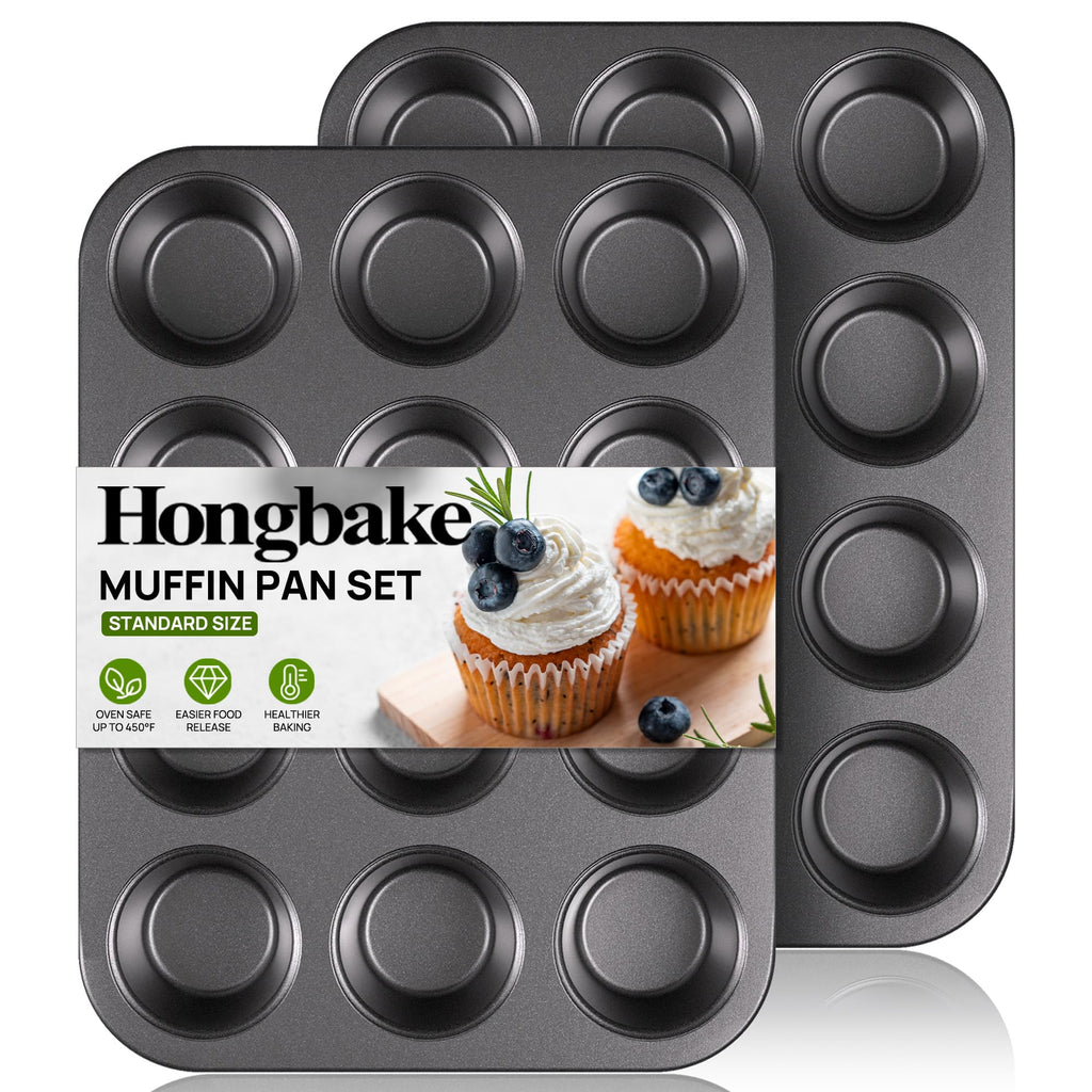 HONGBAKE Muffin Pan for Baking, Nonstick Cupcake Tin 12 Cup, 2 Pack Cup Cake Tray, Premium & Dishwasher Safe - Dark Grey
