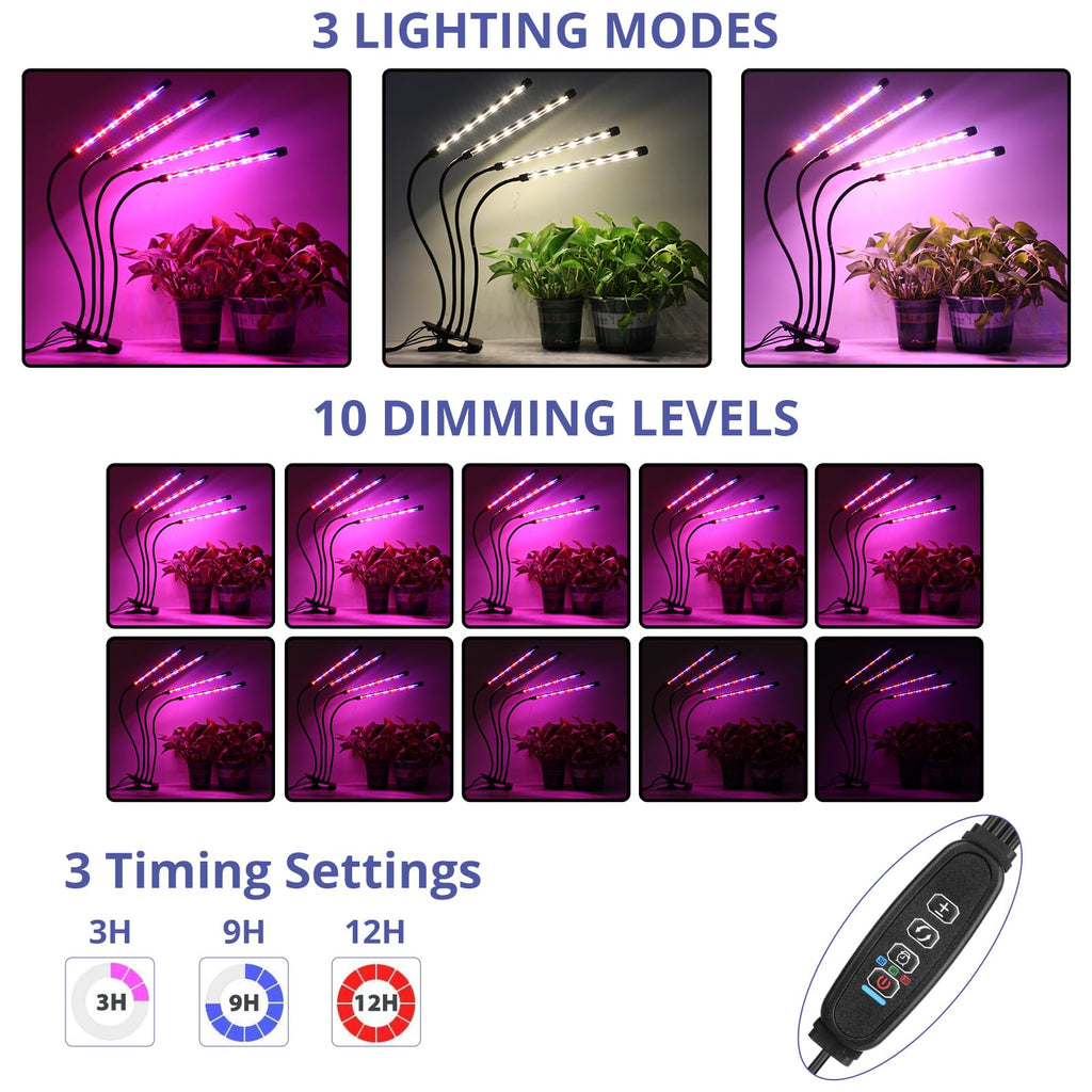 Sondiko LED Grow Light, Full Spectrum Plant Lights for Indoor Plants with Auto On Off 3/9/12H Timer, 10 Dimmable Levels, Adjustable Gooseneck, 3 Switch Modes