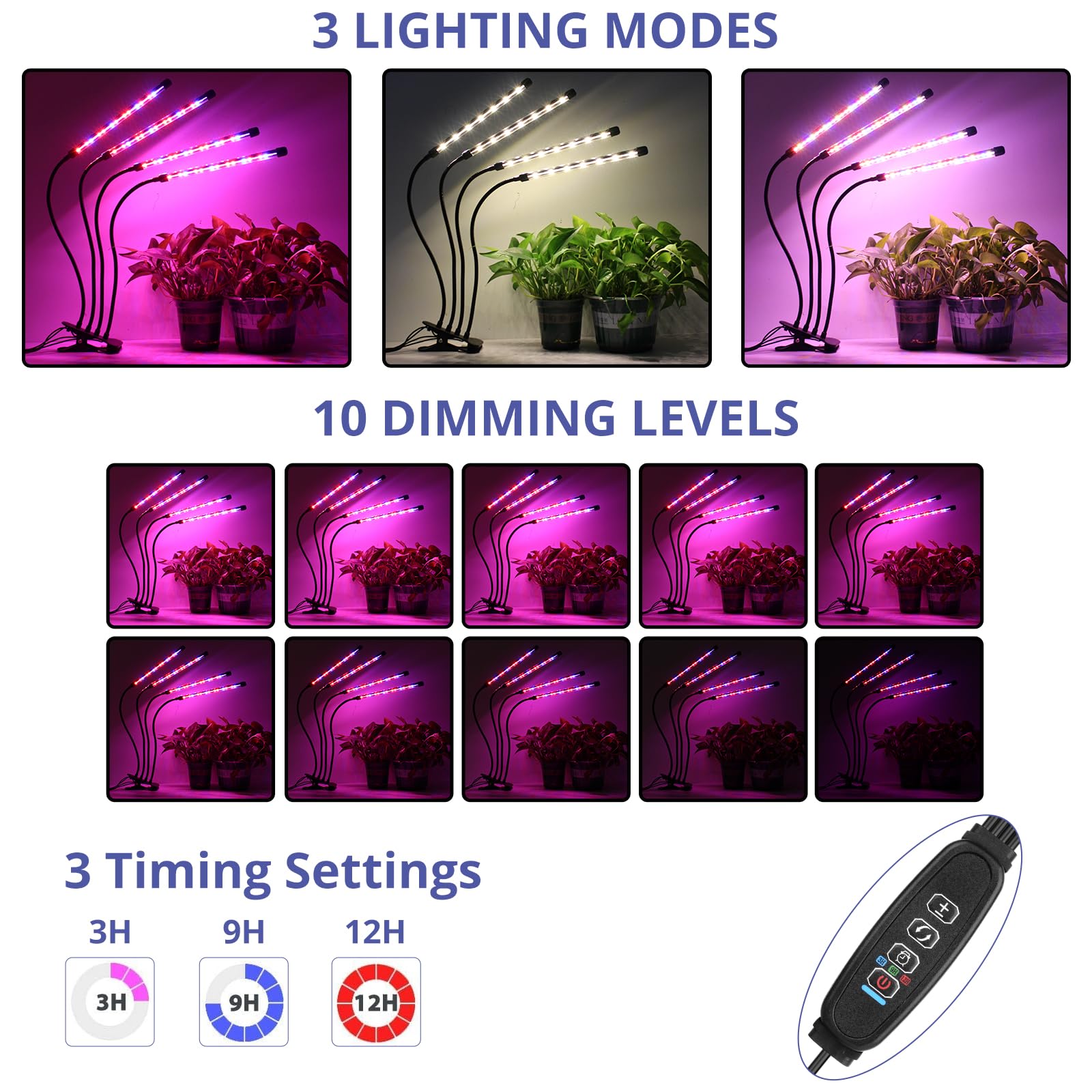Sondiko LED Grow Light, Full Spectrum Plant Lights for Indoor Plants with Auto On Off 3/9/12H Timer, 10 Dimmable Levels, Adjustable Gooseneck, 3 Switch Modes